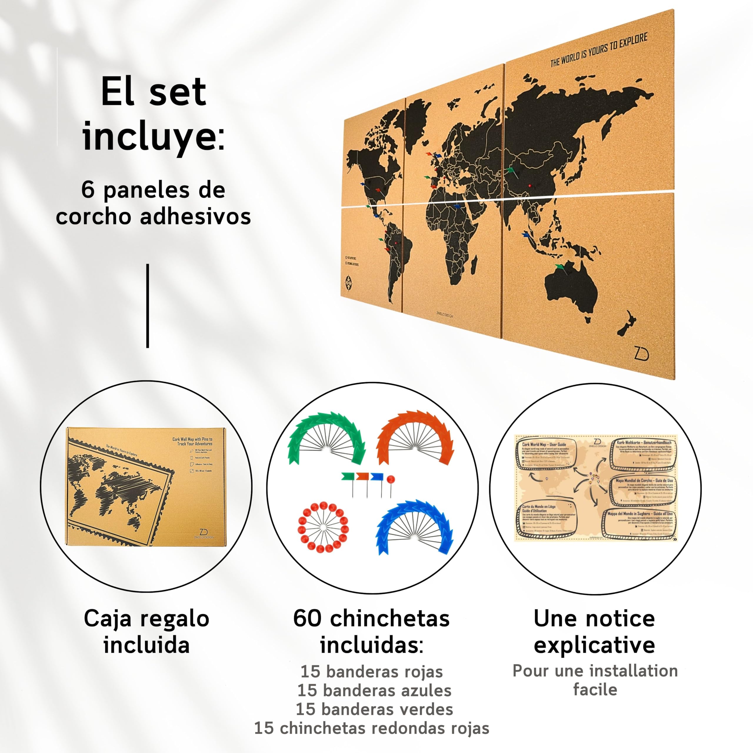 Mapa Mundi Corcho Pared XXL 120x60 cm – 6 Paneles Autoadhesivos – Mapa para Marcar Viajes con Chinchetas – 60 Chinchetas Incluidas – Decoración Hogar