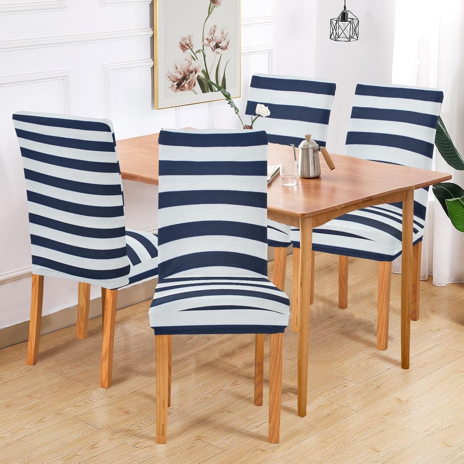 ALAZA Chair Covers for Dining Room, Navy Blue White Striped Stretch Chair Cover Sets Chair Protector Removable Washable for Ktichen Restaurant Hotel