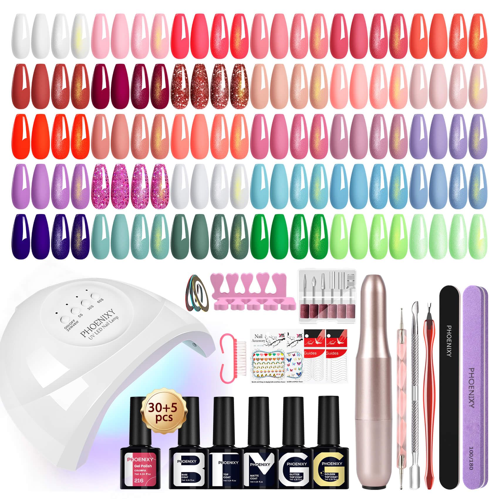 Phoenixy Zestaw 51 żelowych lakierów do paznokci, 30 + 5 kolorów, z wiertarką elektryczną i lampą do manicure 48 W, kompletny zestaw żelowych paznokci z podstawą, brokatem, złotymi płaszczami, zestaw
