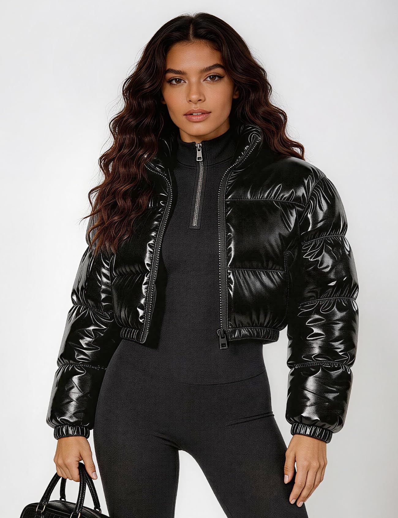 Flygo Gesteppte Steppjacke für Damen, metallisch, glänzend, mit Reißverschluss, Daunenmantel, Oberbekleidung