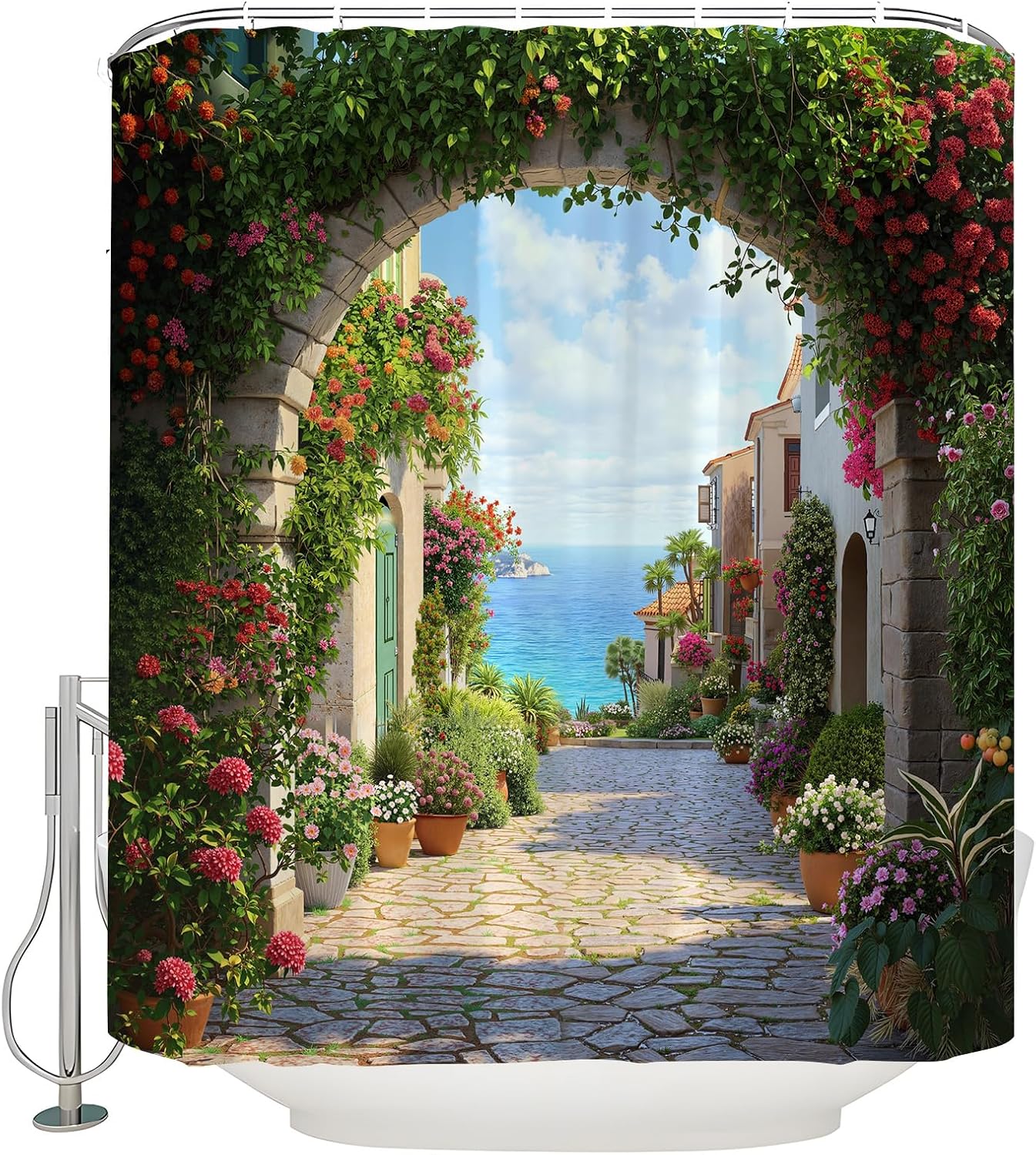 Italian Coastal Shower Curtain Ocean Mediterranean Old Street Scenery Flower Plant Vintage European City Rural Sea Nature Rustic Bath Decor Curtain with Hooks, 70x78 Inch
