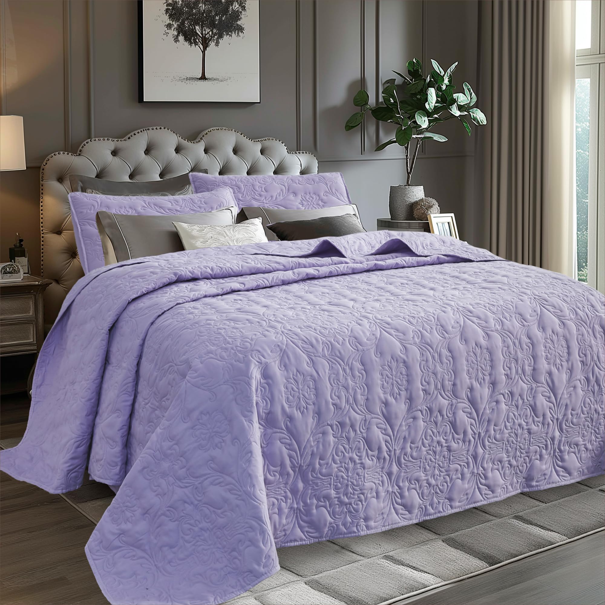 ALPHA HOME3 Pieces King Size Quilt Set with 1 Quilt and 2 Pillow Shams, Lightweight Microfiber Quilt Bedspread for All Season, Breathable, Cozy, Purple