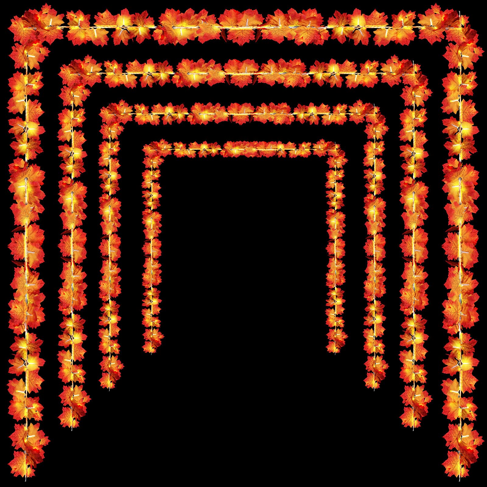12 Pack Fall Garland with Lights, Thanksgiving Decorations Lighted Fall Garland, 9.8ft 20 LED Maple Leaves String Lights Decor for Holiday Autumn Home Indoor Outdoor (12 Packs)