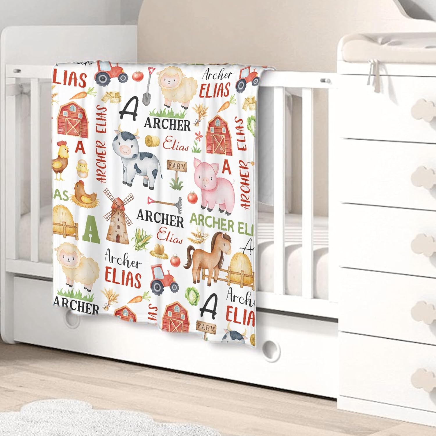 Personalized Baby Blanket for Girls Boys Farm Animals Custom Baby Blanket with Name Swaddle Blanket for Toddlers Infants Kids Shower Newborns Nursery Stroller Crib Decor Throw Birthday Gift