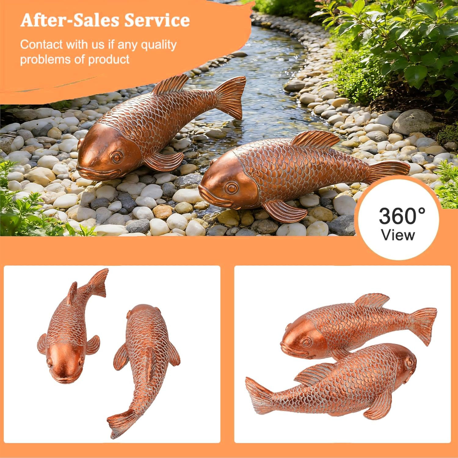 Teaeeno Set of 2 Antique Koi Fish Statue, Outdoor Garden Sculpture for Patio, Backyard, Pond, and Home Decor (Red)