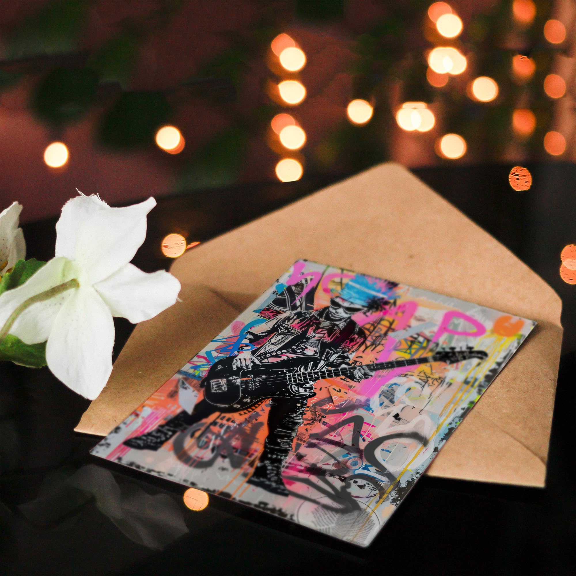 Artery8 Greeting Card Female Punk Music Guitarist Portrait Yellow Pink Blank for Him Or Her Art Birthday Card
