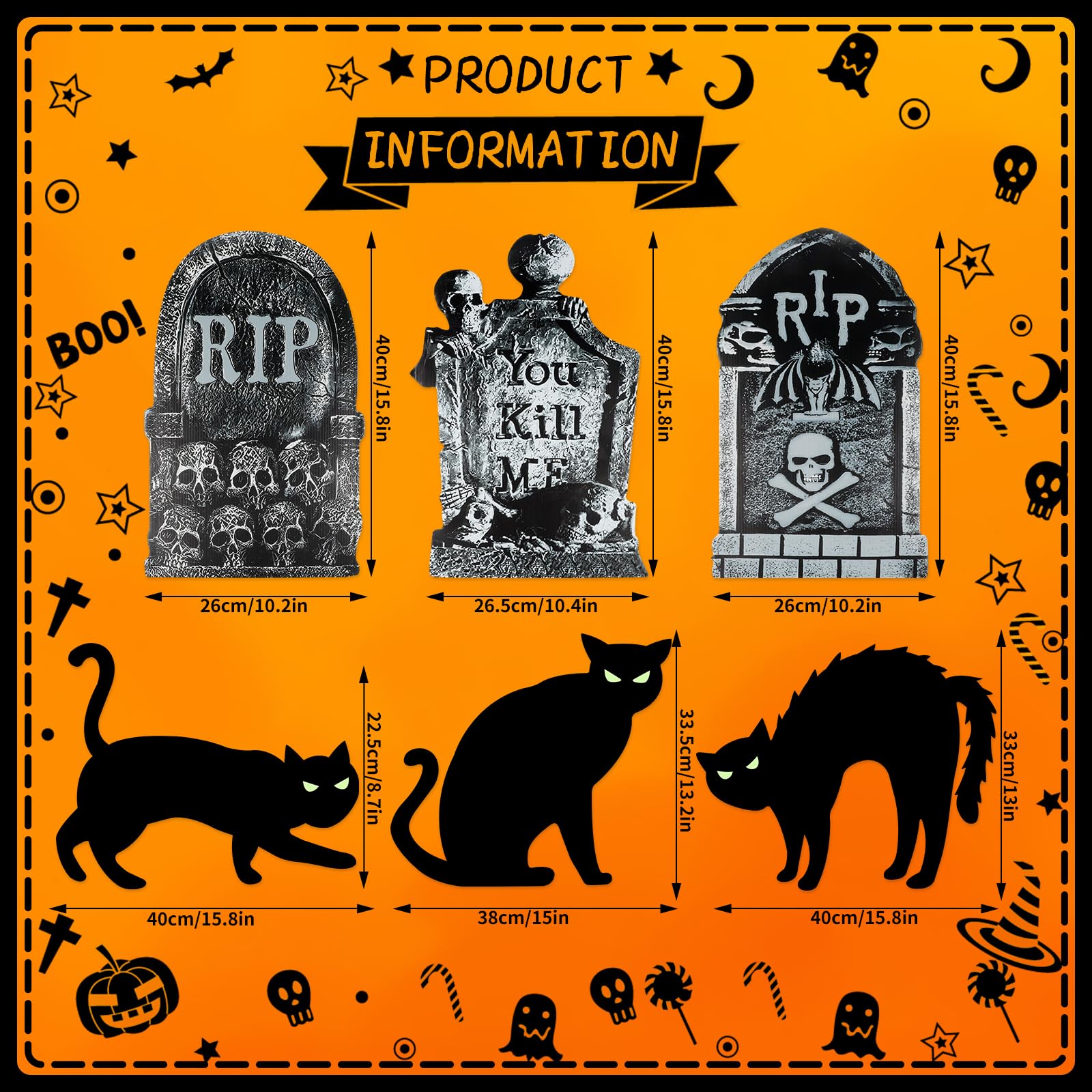 Fanggu 3 Piezas de Lápidas de Halloween RIP y 3 Piezas de Adornos Luminosos con Forma de Gato Negro Adornos Terroríficos de Lápidas de Halloween Waterproof Outdoor Garden Decorations
