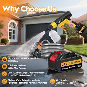 Cordless Portable Washer, Handheld Washer, 130Bar, Washer with Foam Pot, Cleaner with 5m Elastic Hose, 6-in-1 Nozzle, Battery Operated Washer for Car Home Outdoor Patio Garden