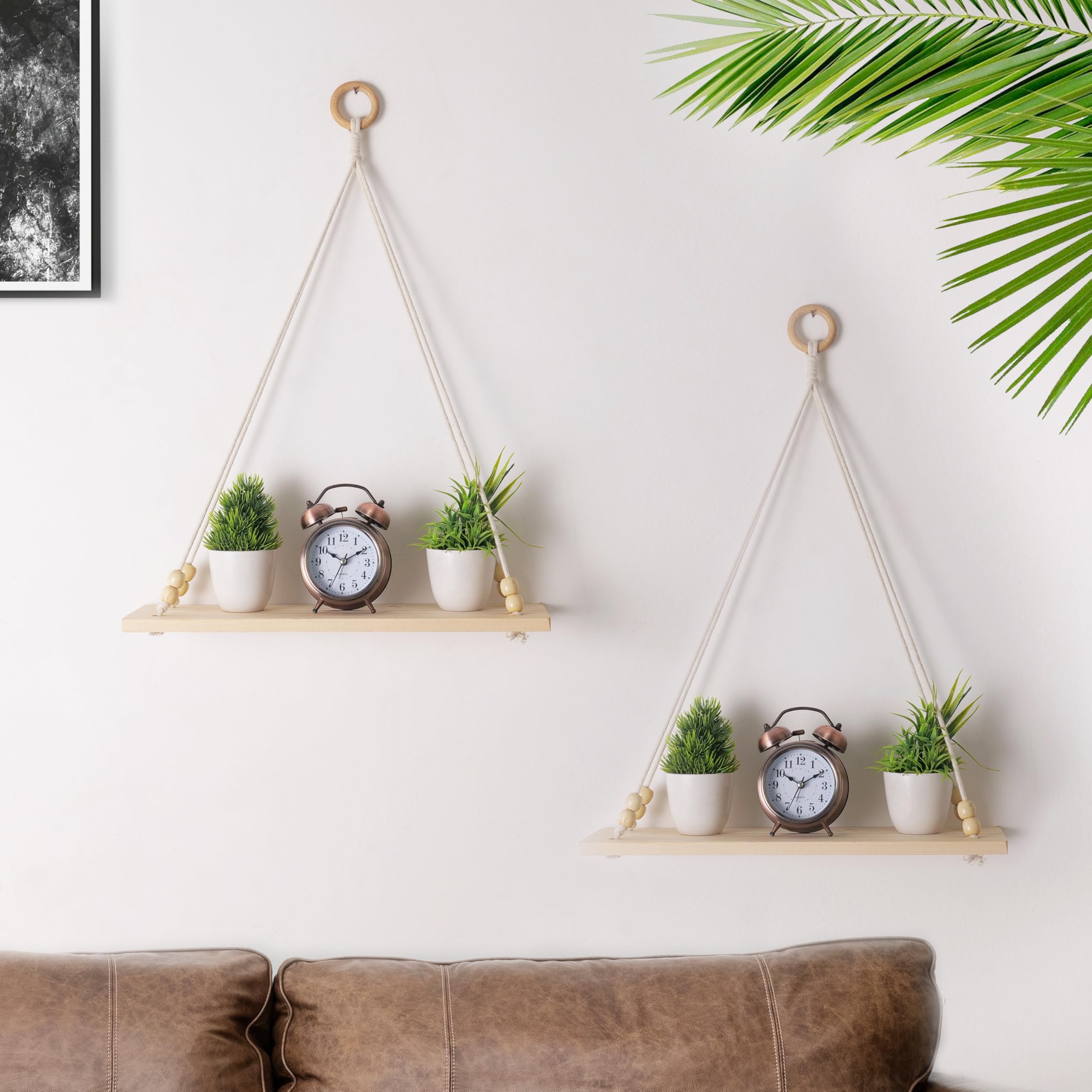 Decazone ® Macrame Wall Hanging Shelf Wood Floating Shelves with Wooden Beads & Ring Modern Chic Decor for Dorm Living Room Nursery Gift Item 55 x 43 cm Beige (Set of 2)