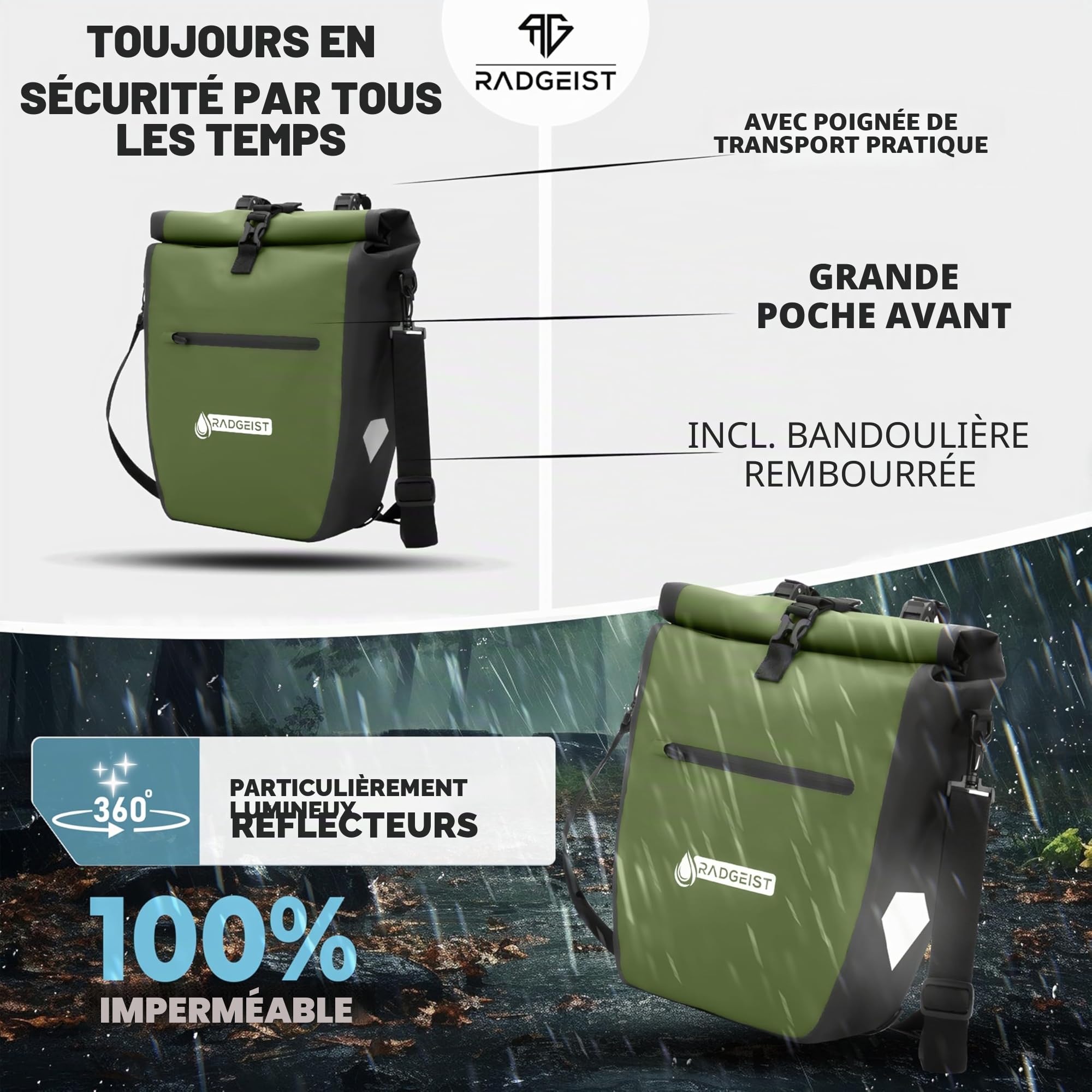 RADGEIST Lot de 2 sacoches de vélo pour porte-bagages, imperméables et à bandoulière, vertes, 20 l