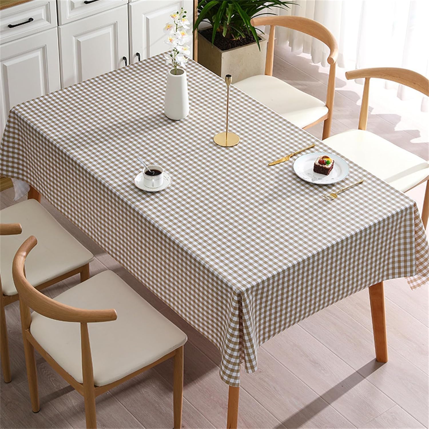 KIJyfgTR Checked Rectangular Tablecloth Ideal For Outdoor Gardens And Festive Parties(Light Khaki,140x180cm)