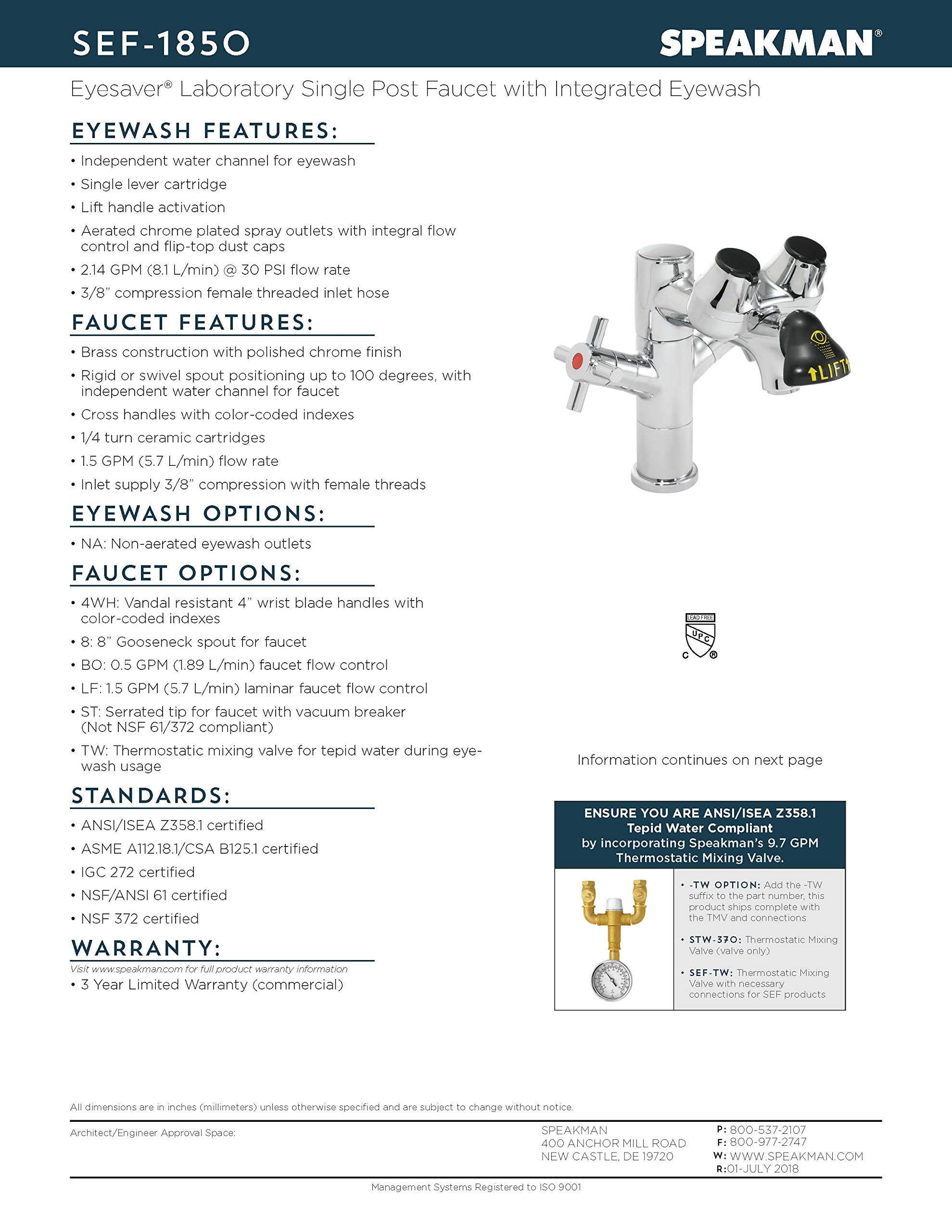 Speakman SEF-1850-4WH Eyesaver Single-Post Laboratory Faucet with Integrated Emergency Eyewash
