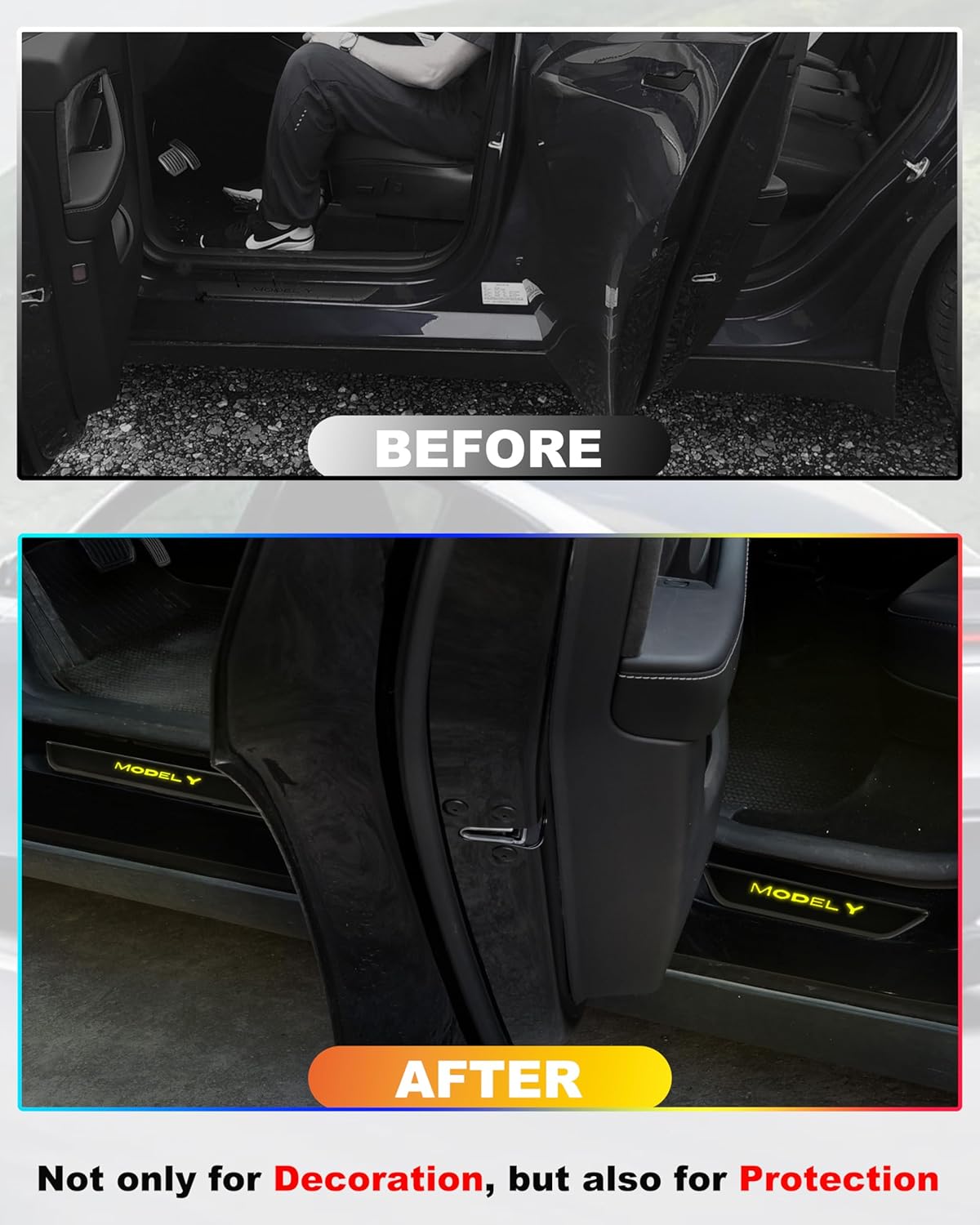LED Door Sill Lights for Tesla Model Y 2020-2025 Accessories, ABS Scratch-Resistant Sill Protector with 7-Color RGB Lighting, Battery Powered Model Y Pedal Mood Lamp, Matte Black, 4PCS