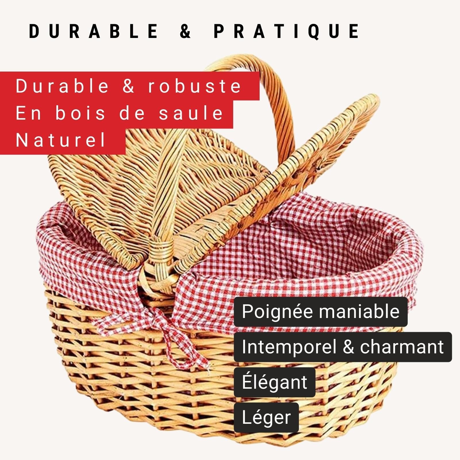 WOMA Panier en Osier Avec Doublure Rouge à Carreaux Blancs - Naturel Tressé Avec Couvercle & Anse - Pour Courses, Pique-Nique ou Cadeau