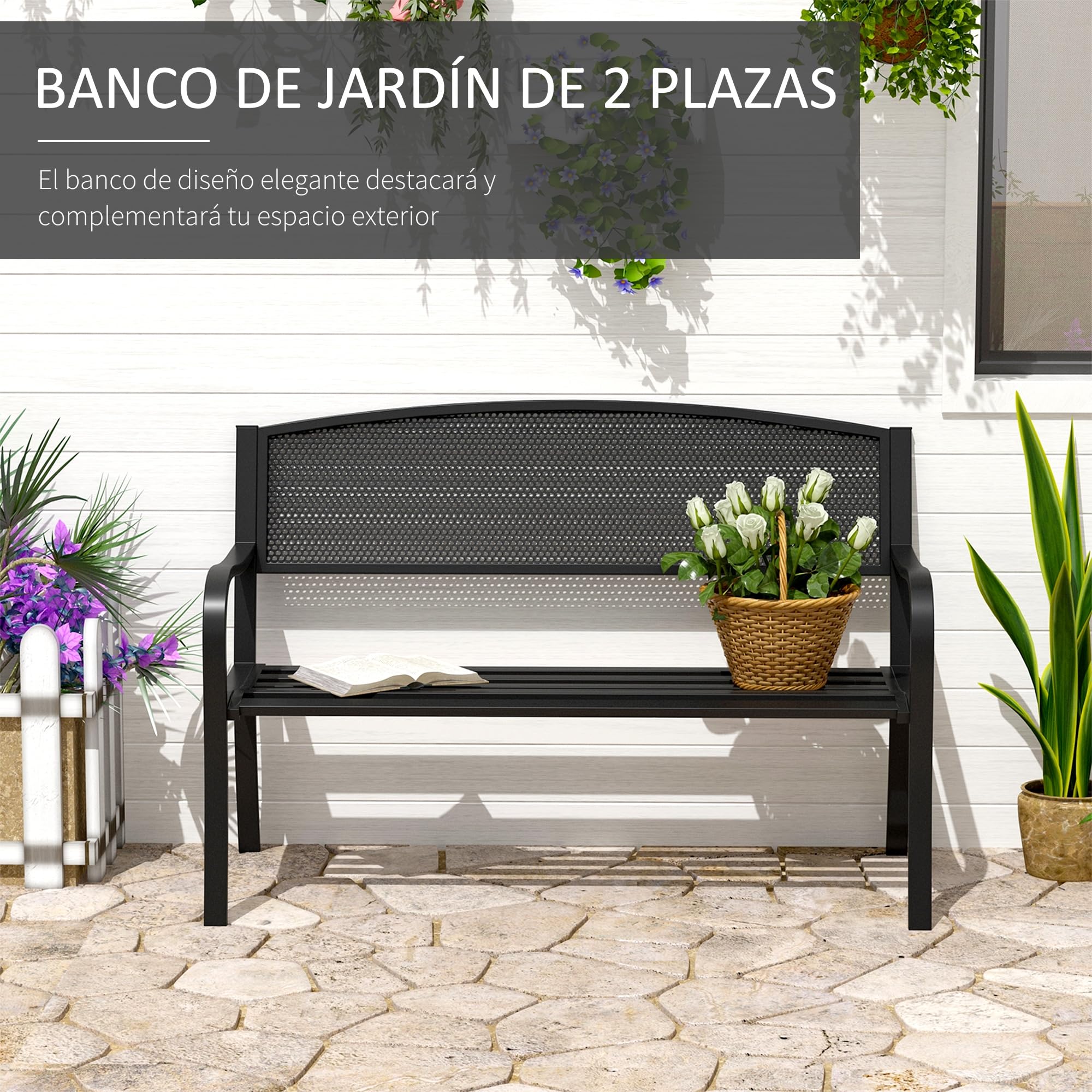 Outsunny Banco de Jardín de 2 Plazas Banco Exterior 127x60x87 cm Negro | Respaldo de Malla de Acero, Carga 240 kg, para Patio Terraza Balcón