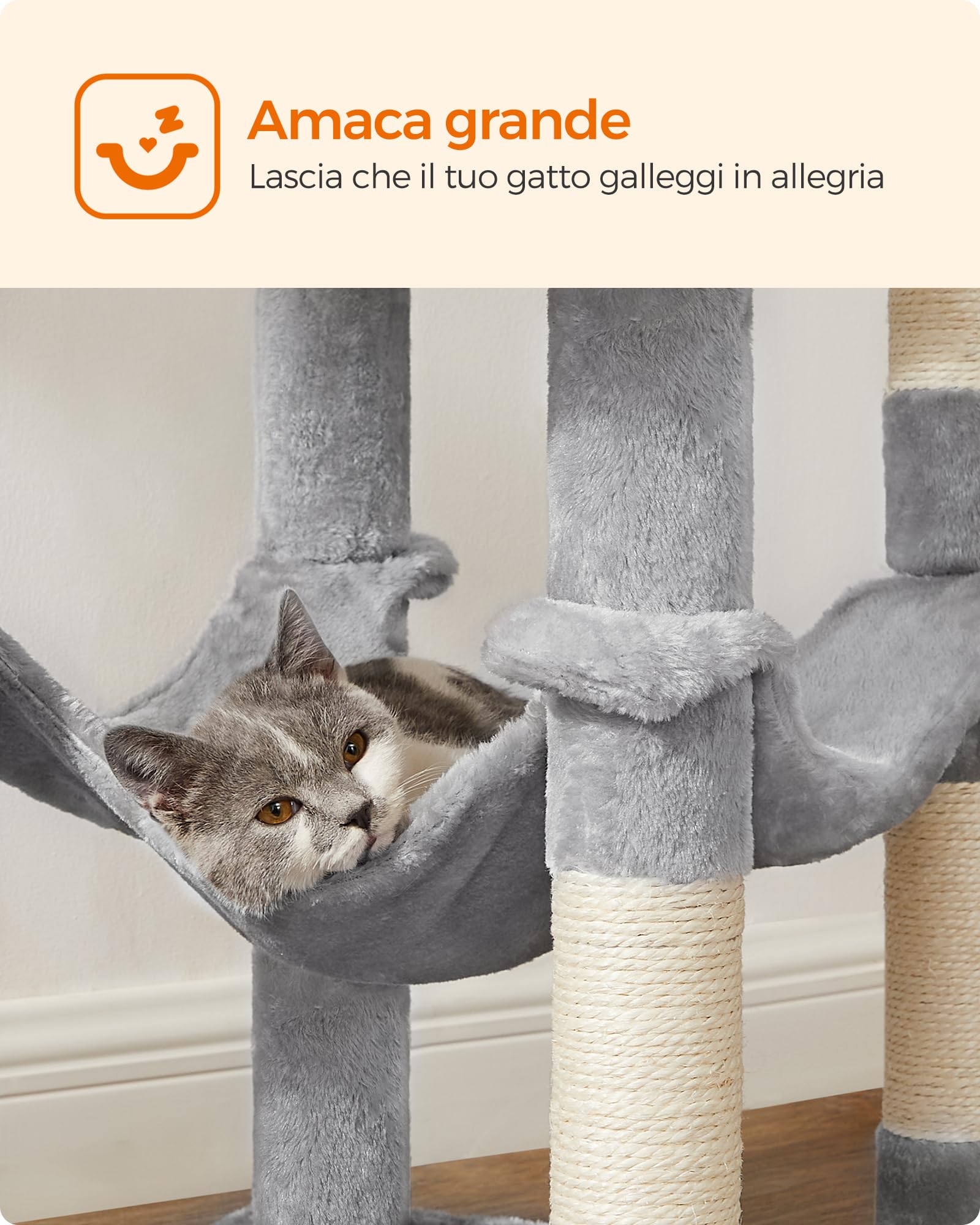 Feandrea Albero per Gatti Alto 143 cm, Tiragraffi per Gatti, con 4 Pali Graffiatoi, 2 Posatoi, 1 Grotta, 1 Amaca, 2 Pompon, in Peluche a Più Livelli, Grigio Chiaro PCT161W01