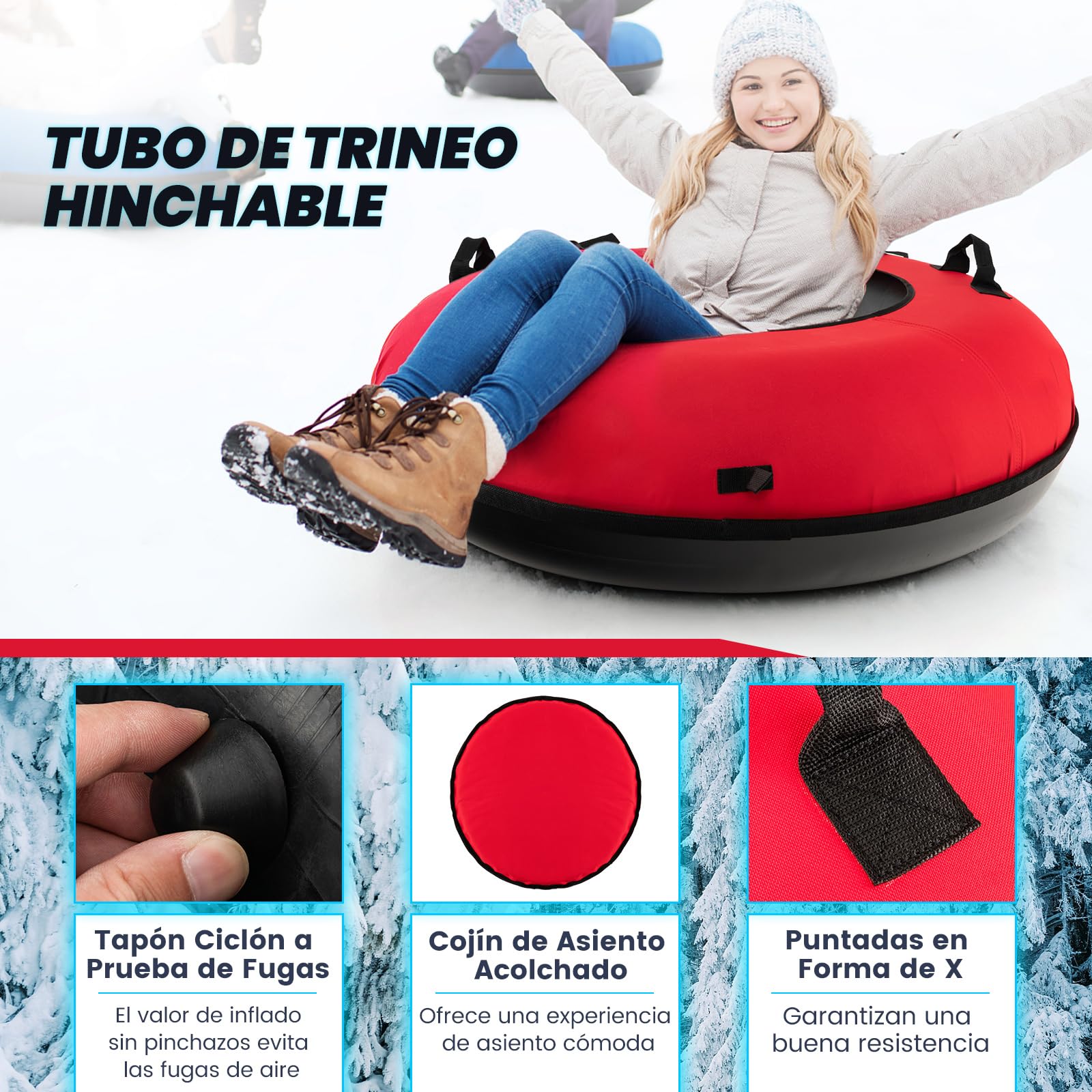 COSTWAY Trineo de Nieve Inflable φ100 cm, Tubo de Nieve para Niños y Adultos con Fondo Duro