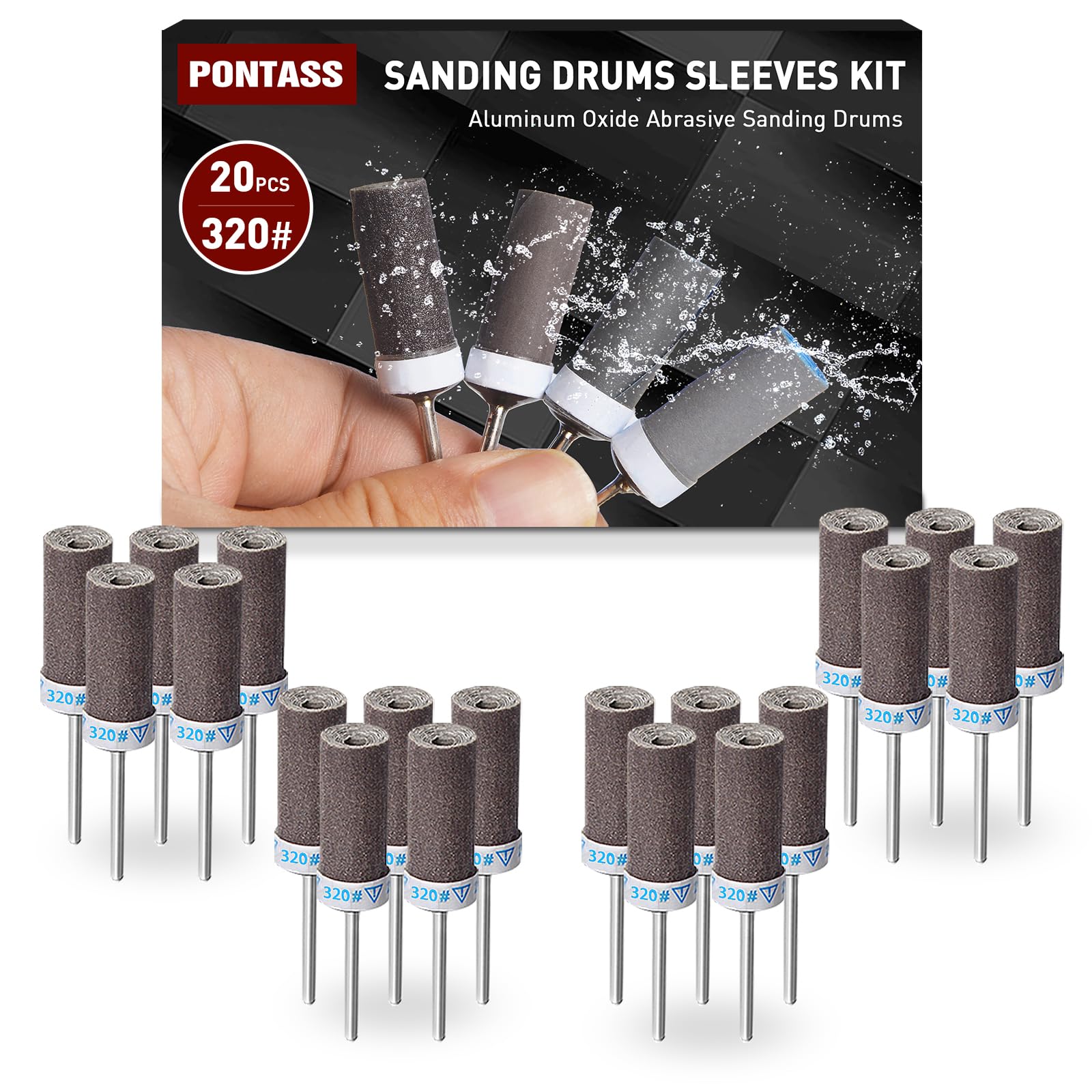 20pcs 320 Grits Sanding Drums Sandpaper Sticks Set with 1/8"(3mm) Shank for Dremel Rotary Tool, Aluminum Oxide Sanding Bits kit Meet More Needs for Metal Rust Removal/Jade Polishing/Stone Grinding