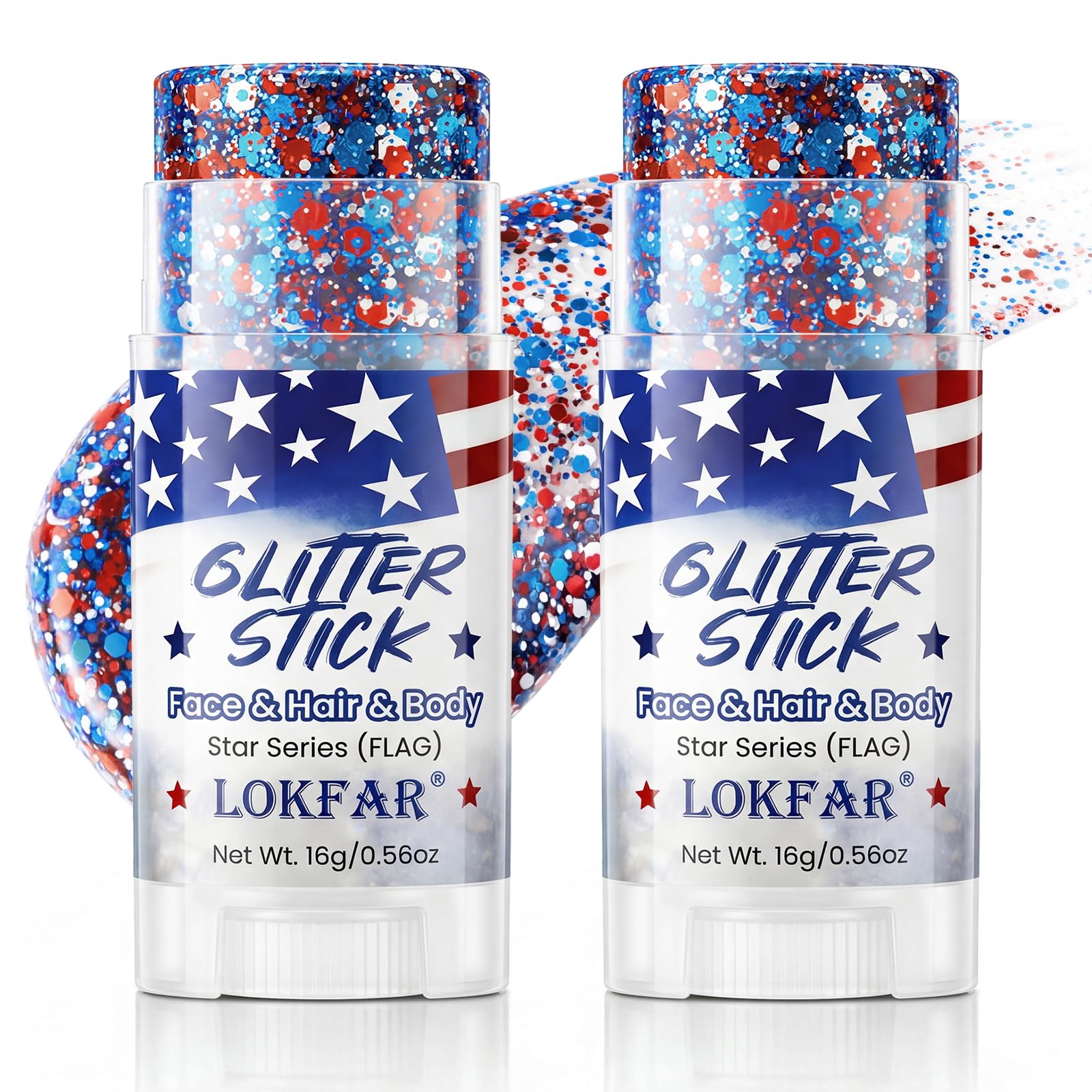 2PCS 4th of July Glitter Stick | Patriotic Red White and Blue Glitter Stick for Face Body Hair, Fourth of July Accessories & Outfits Women, USA Flag Makeup for American 250 Anniversary & Memorial Day