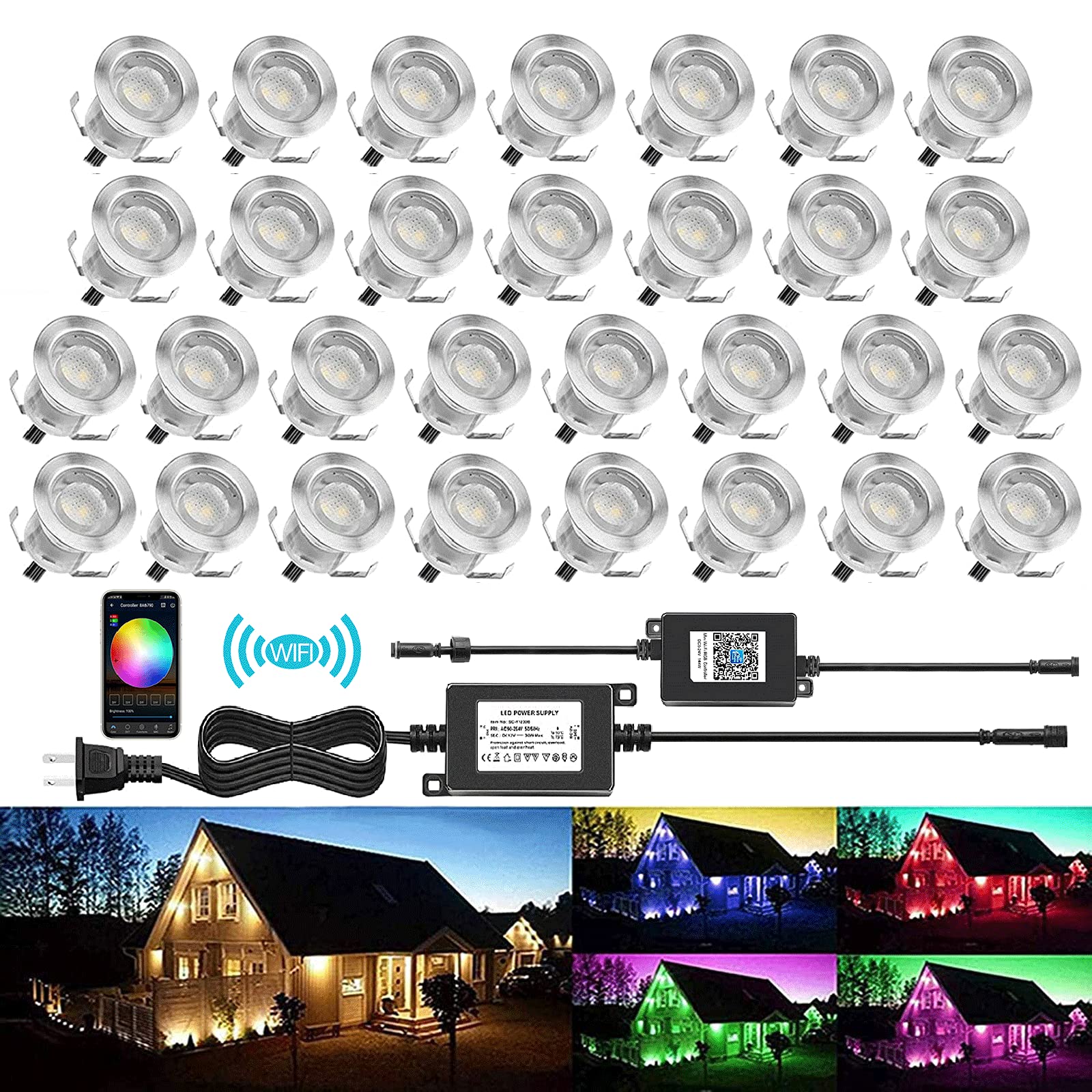 Low Voltage LED Deck Light Kit Stainless Steel Waterproof Recessed Wood Decking Stairs Garden Yard Patio Decor Lamp Outdoor LED Lighting (RGB-WiFi, 30pcs) RGB-WIFI 30pcs(Silver Border)
