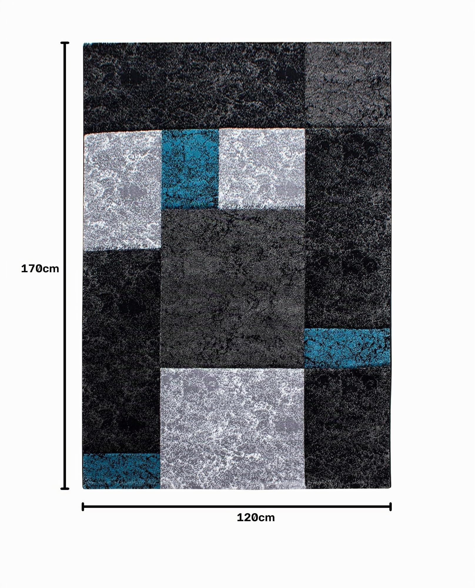 HomebyHome Teppich 120x170 cm Kurzflor Konturenschnitt in Schwarz Grau Blau Kariertes Design, Extra Weich, Waschbar, Pflegeleicht Für Wohnzimmer, Schlafzimmer, Esszimmer