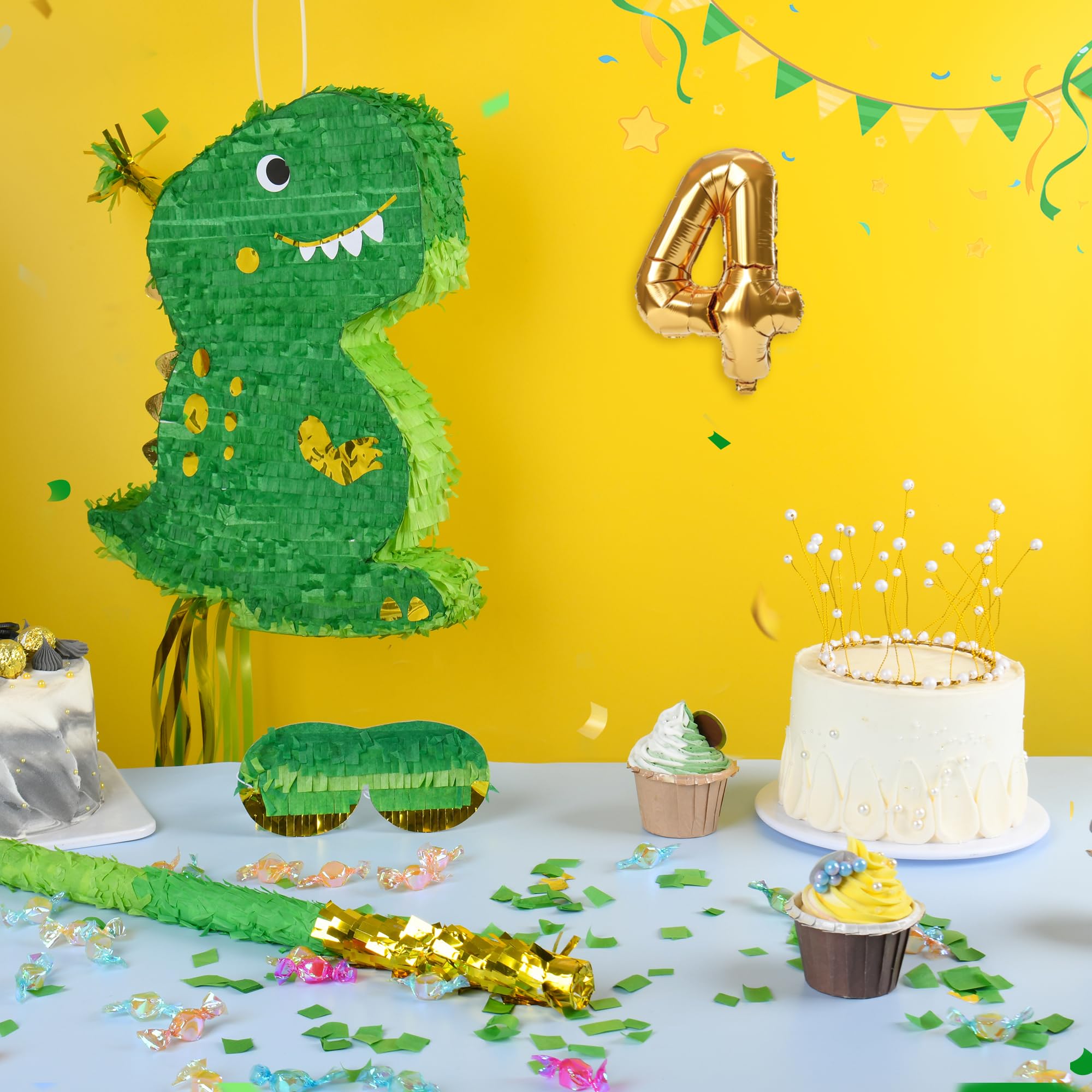 Paquete de piñata de dinosaurio pequeño con venda, murciélago y confeti (16.5 x 12 x 3 pulgadas), perfecto para fiestas de cumpleaños, fiestas temáticas de animales, decoraciones
