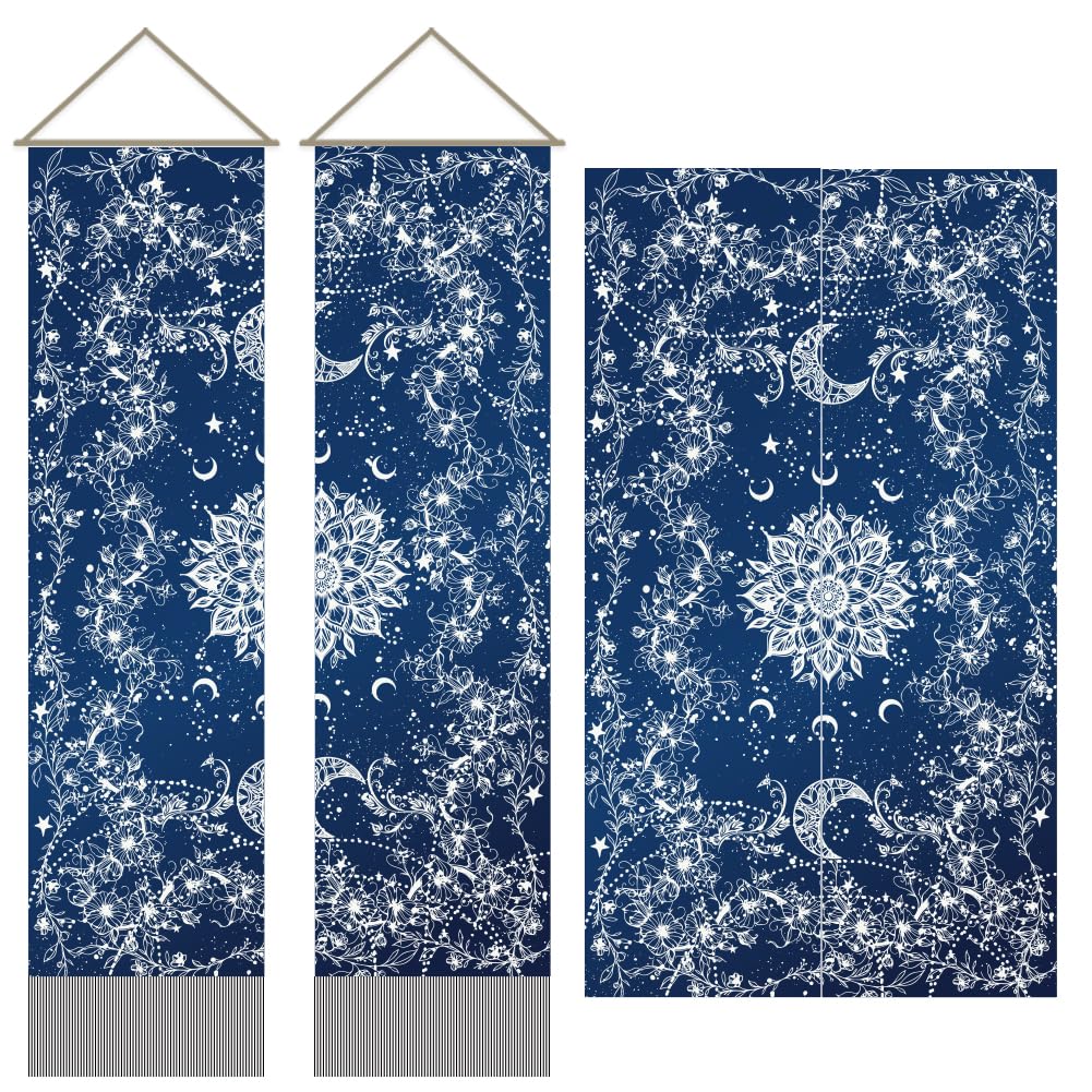 AHANDMAKER 2 tapices de mandala azul, tapiz vertical largo floral bohemio para colgar en la pared, tapiz de pared con borla de mandala indio, tapiz estético místico para dormitorio y sala de estar