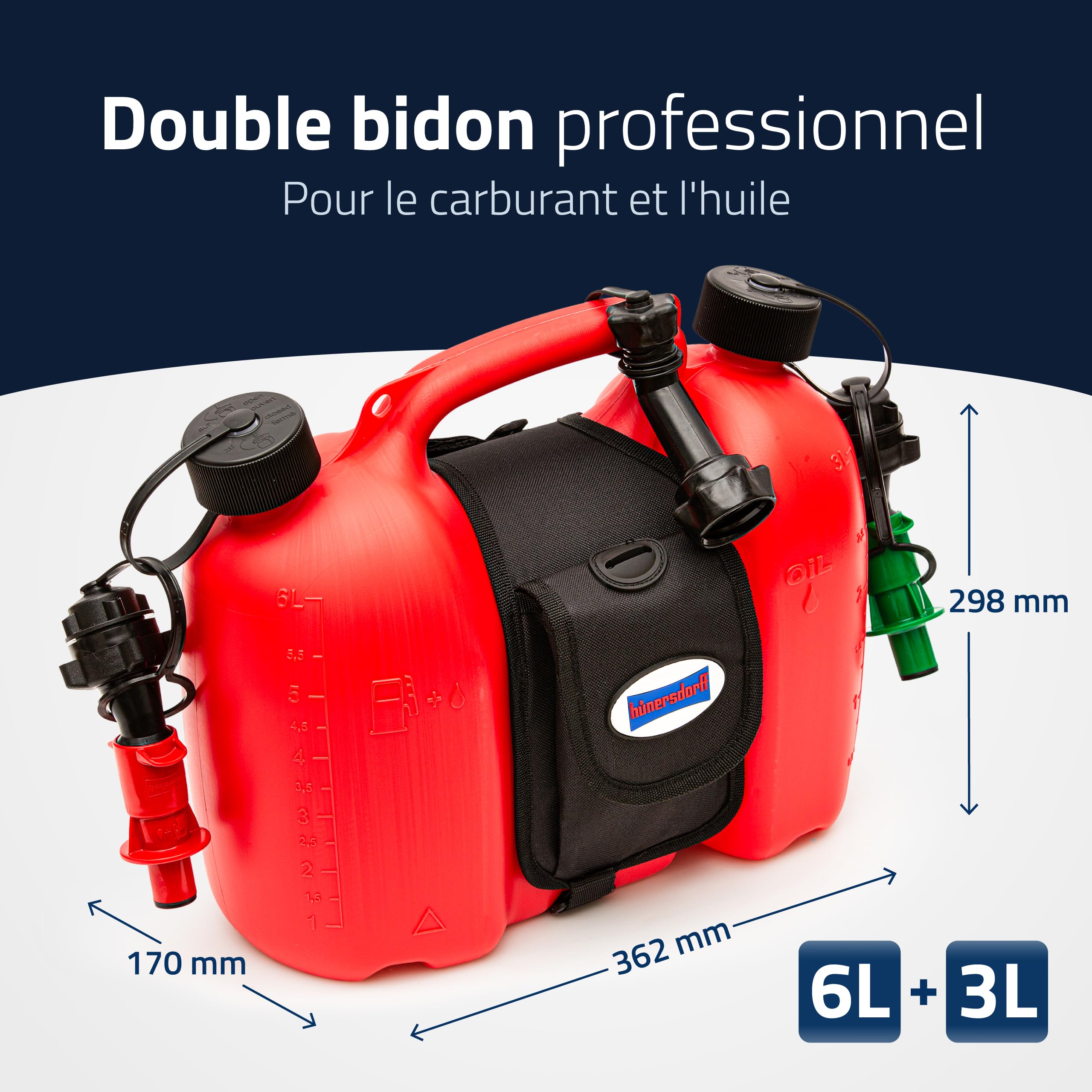 hünersdorff GmbH 805062 Réservoir Double Profi PE-HD avec Pochette Cavalière et Systèmes de Remplissage, Rouge, 6+3 L