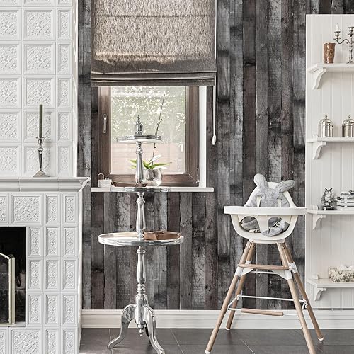 Miniatura 2 de Papel tapiz de madera para despegar y pegar, vinilo negrogris, 17.7 x 400 pulgadas, papel de contacto autoadhesivo grueso impermeable autoadhesivo