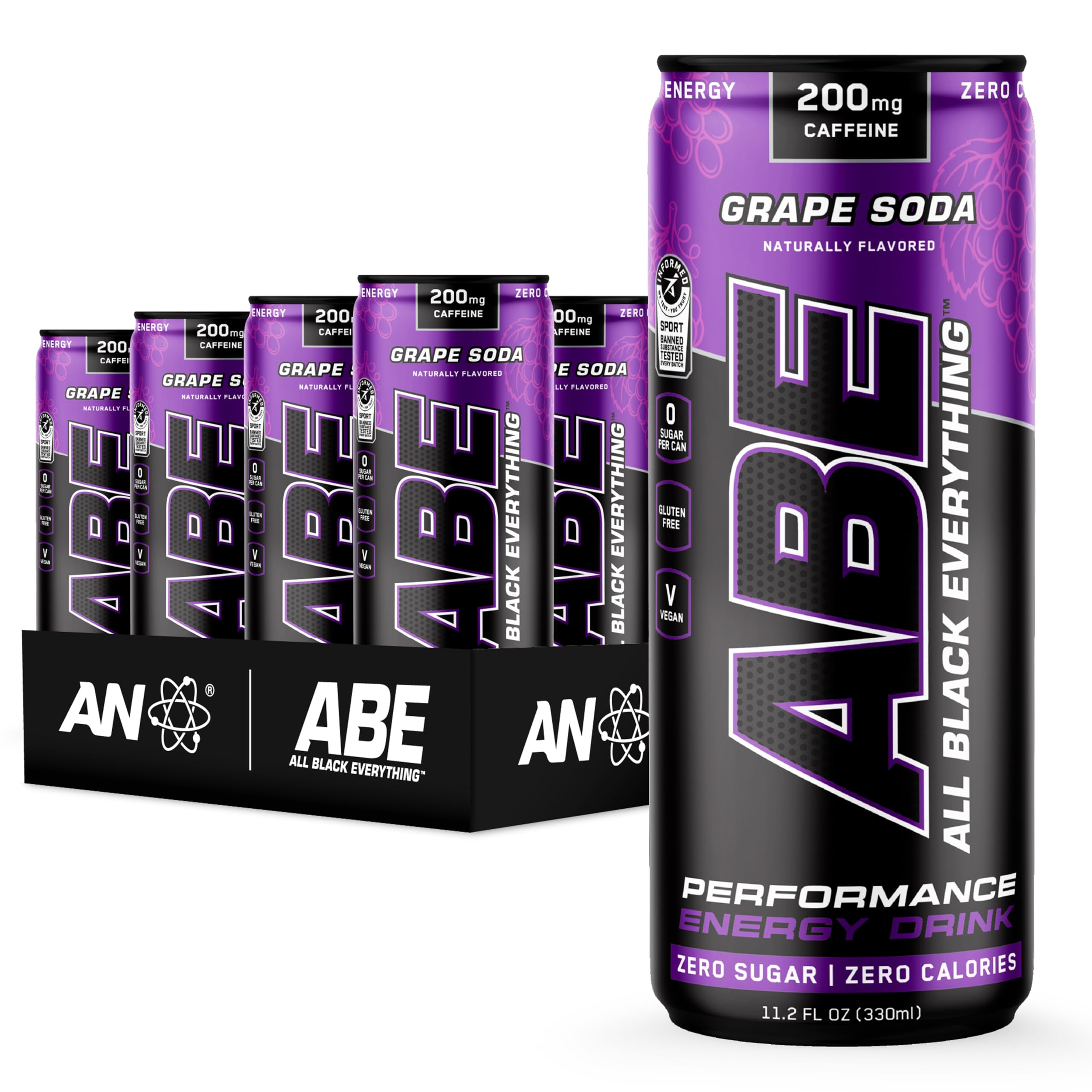 All Black Everything Sugar Free Energy Drink | Grape Soda | 0 Calories | 12 Pack | 200mg Natural Caffeine | Pre-Workout Sport Drink for Men and Women