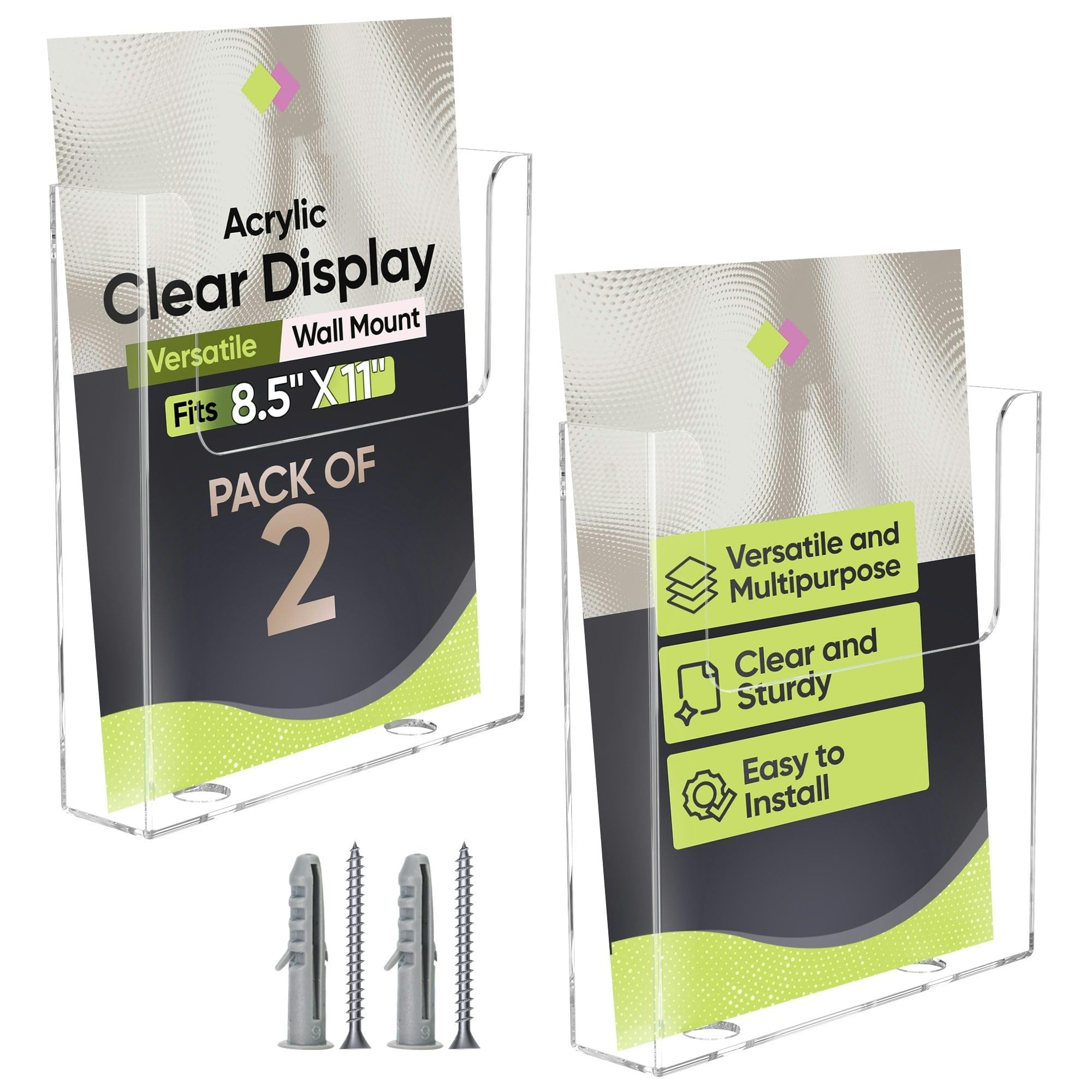 Xygobla Transparent 2-Pack A4 Wall Mounted Document Holder, Brochure Holder Portrait Display Stand Clear Acrylic Flyer Holder Wall Mount For Menus,Brochures, Flyers & Magazines | Office, Restaurant, Exhibition