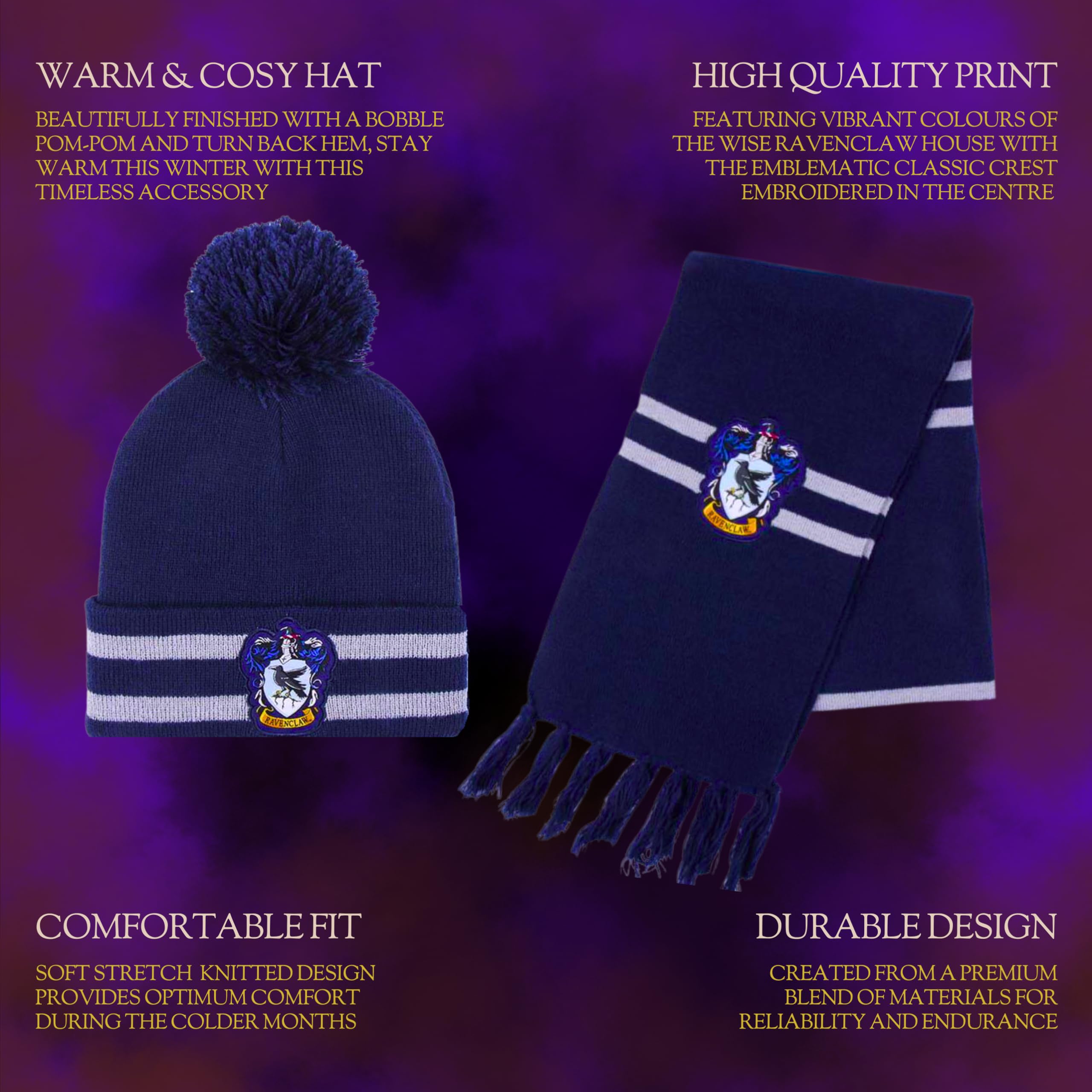 Harry Potter Chapeau et écharpe, Ensemble d'hiver pour Enfants et Adolescents, Chapeau et écharpe Poudlard, Set d'hiver Serdaigle, Accessoires d'hiver - Bleu
