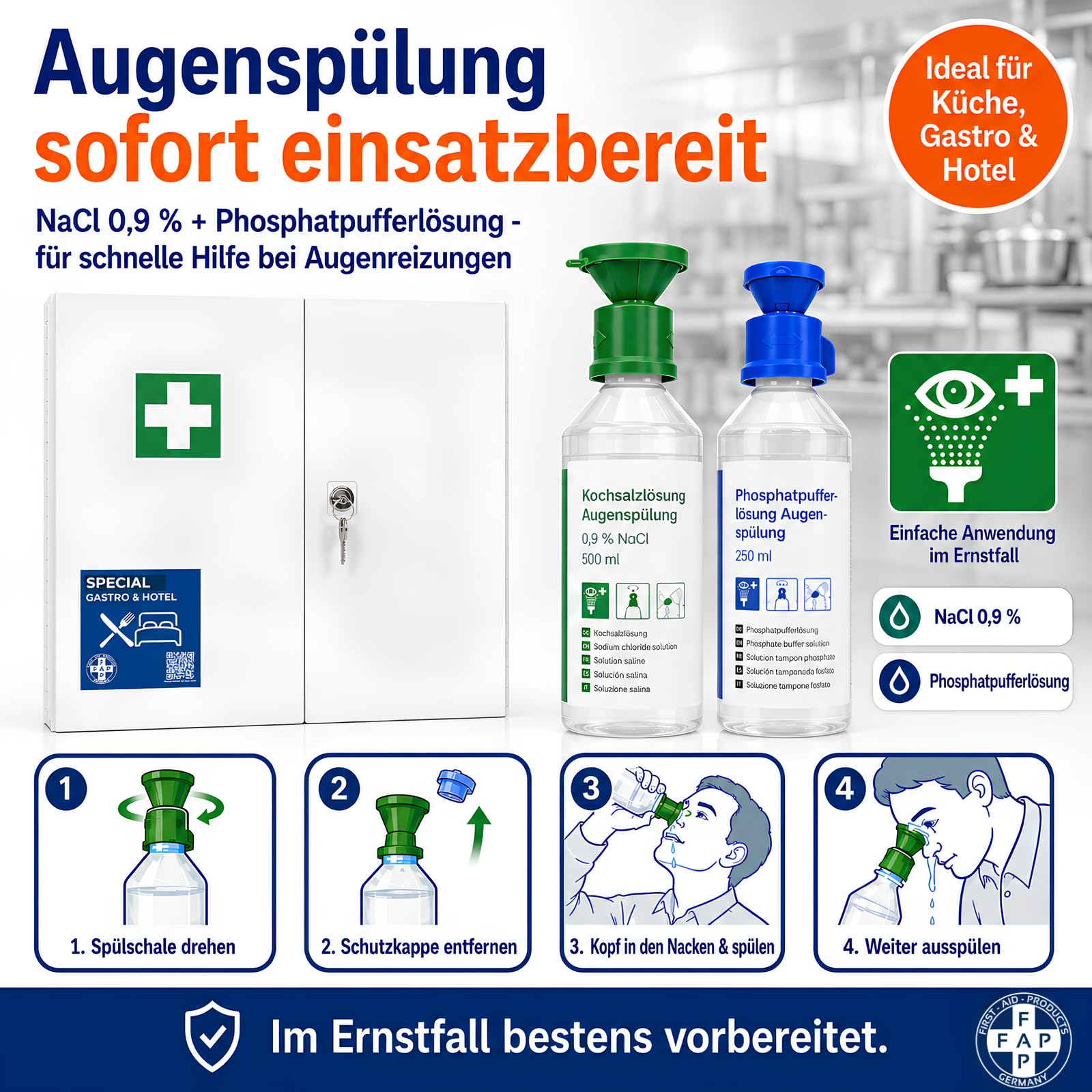 First Aid Products Gastro Erste Hilfe Verbandschrank Groß - Gastronomie Hotel mit Verbands-Set DIN13169 | Detect-Pflaster HACCP & Burngel | für Küche Restaurant für Wandmontage - Zwei Türen 60×50×13cm