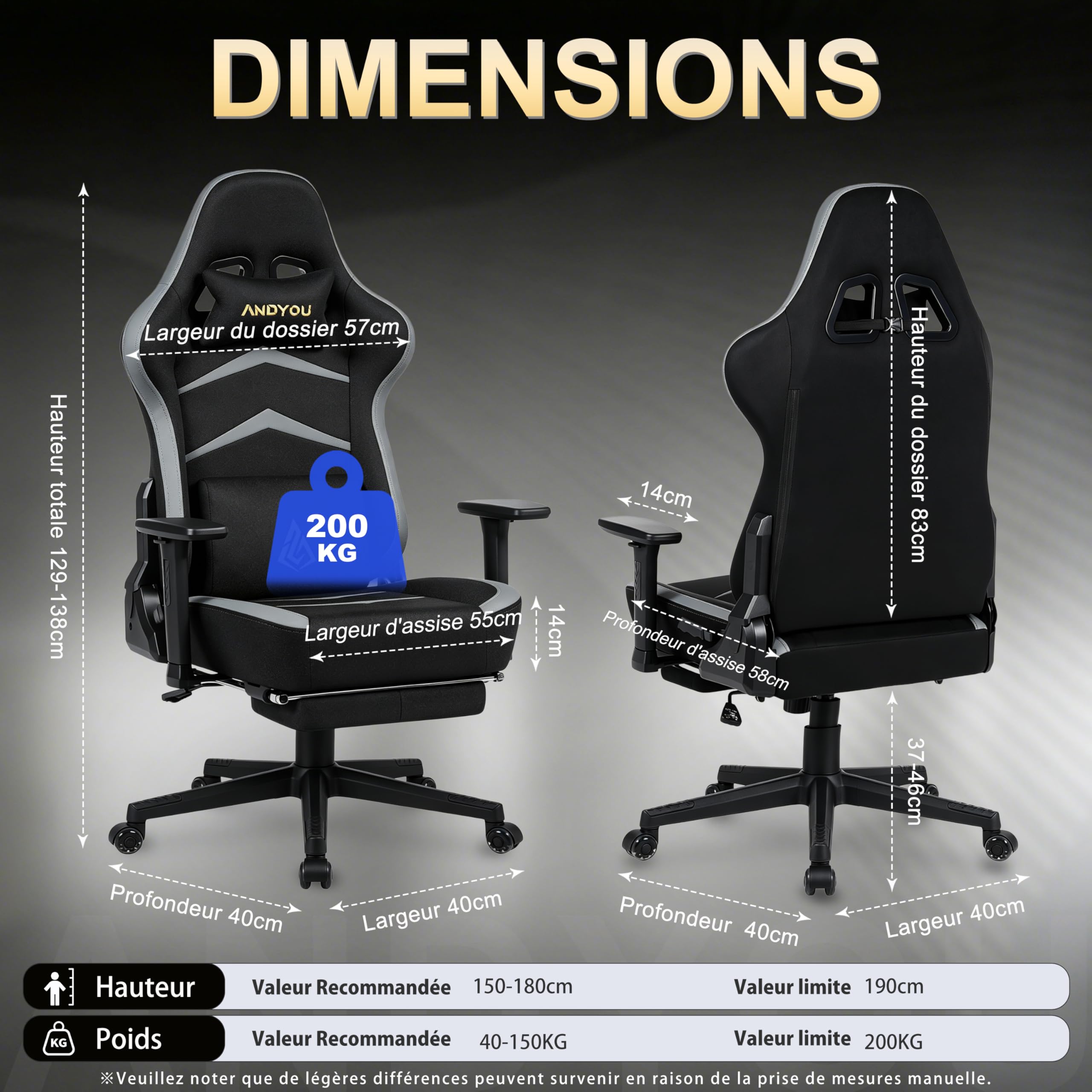 Andyou Chaise Gaming Chaise Bureau Chaise Ergonomique avec Repose Pied, Gaming Chair en Tissu Suédé, Dossier 90°-155°, Accoudoirs 3D Réglables, Fonction Bascule, Noir