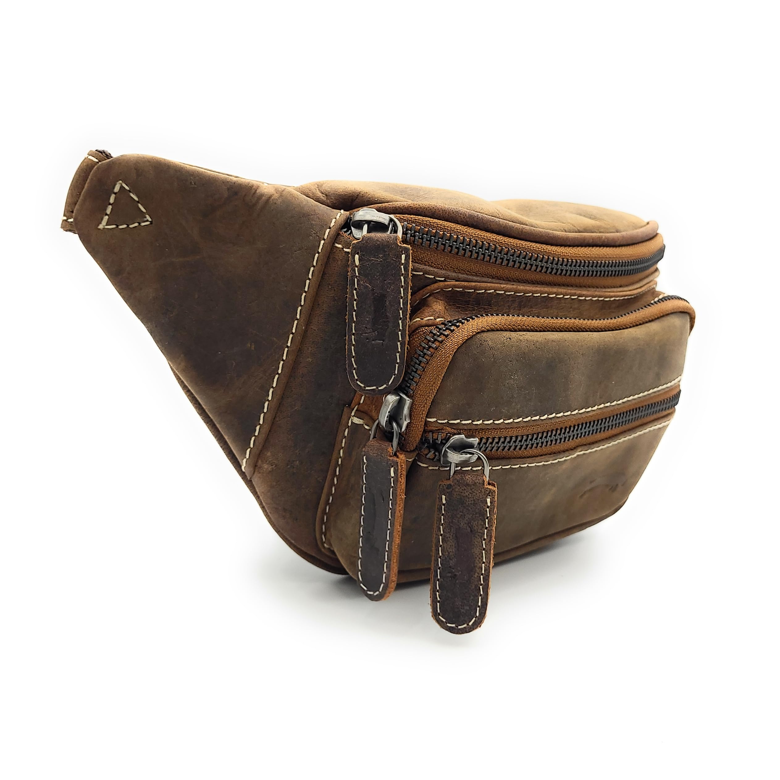 Riñonera de piel auténtica – Riñonera de piel resistente con 4 compartimentos con cremallera, cinturón de cadera ajustable hasta 125 cm, riñonera segura para hombres y mujeres, para viajes, uso diario