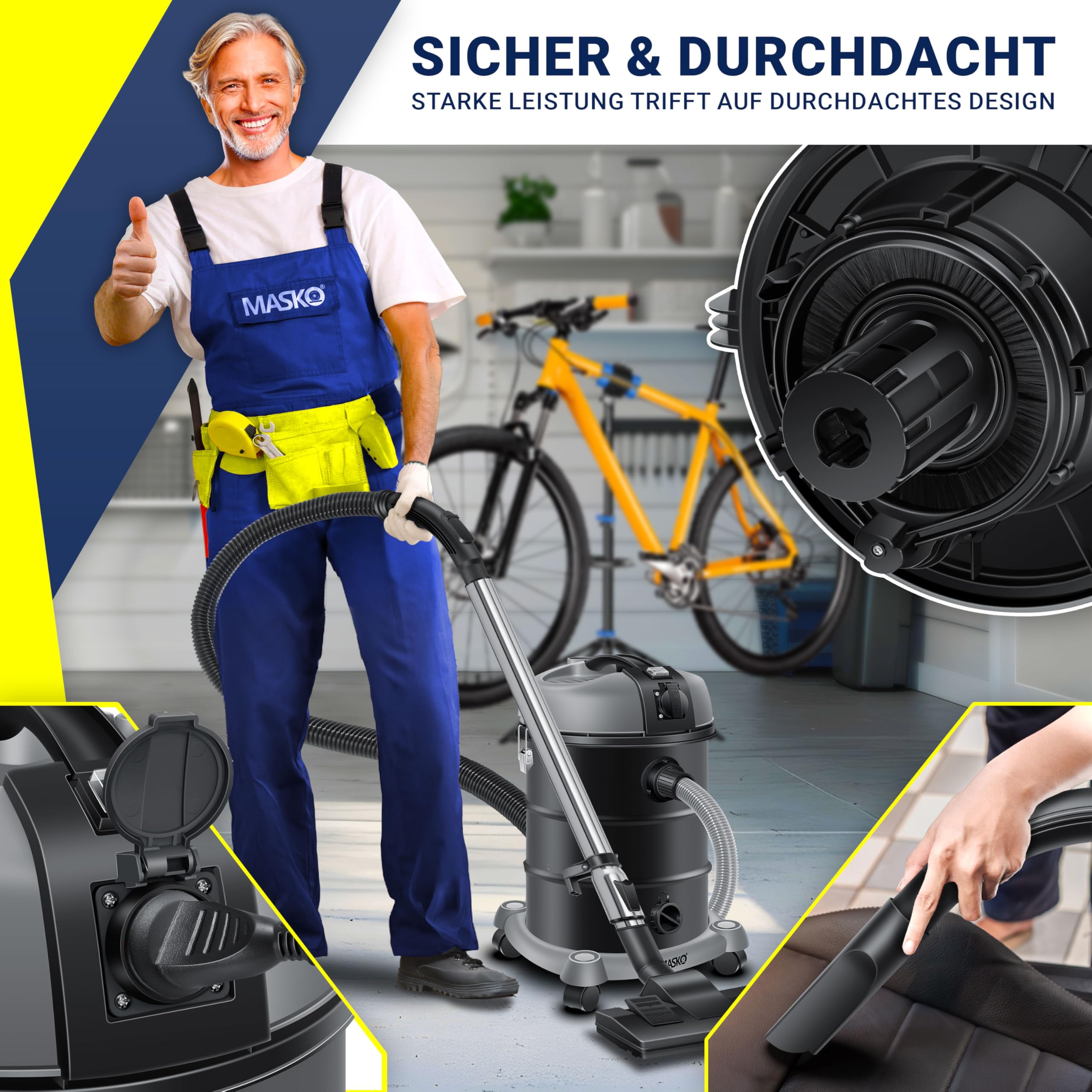 Masko® Aspirateur Industriel Aspirateur Eau et poussière Acier Inoxydable 2 300 W + Prise | Fonction soufflerie | 30 L | avec et sans Sac | Filtre Interchangeable Inclus | Tuyau: 3,5 m | Anthracite