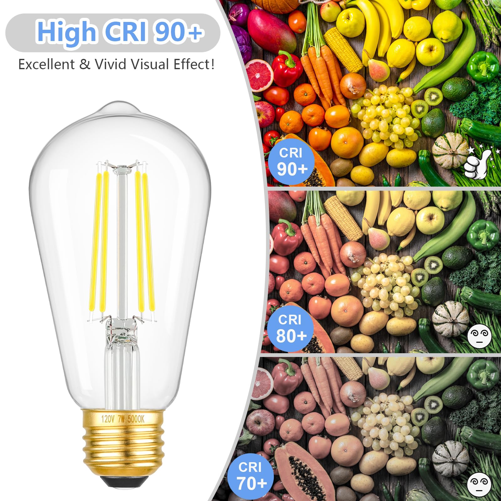 6-Pack Dimmable LED Light Bulbs, 7W 60Watt Equivalent Edison Bulbs, 900LM Ultra Bright LED Bulbs, 5000K Daylight White, ST58 Vintage Antique Bulbs, E26 Medium Base, CRI90+, Clear Glass, No-Flicker