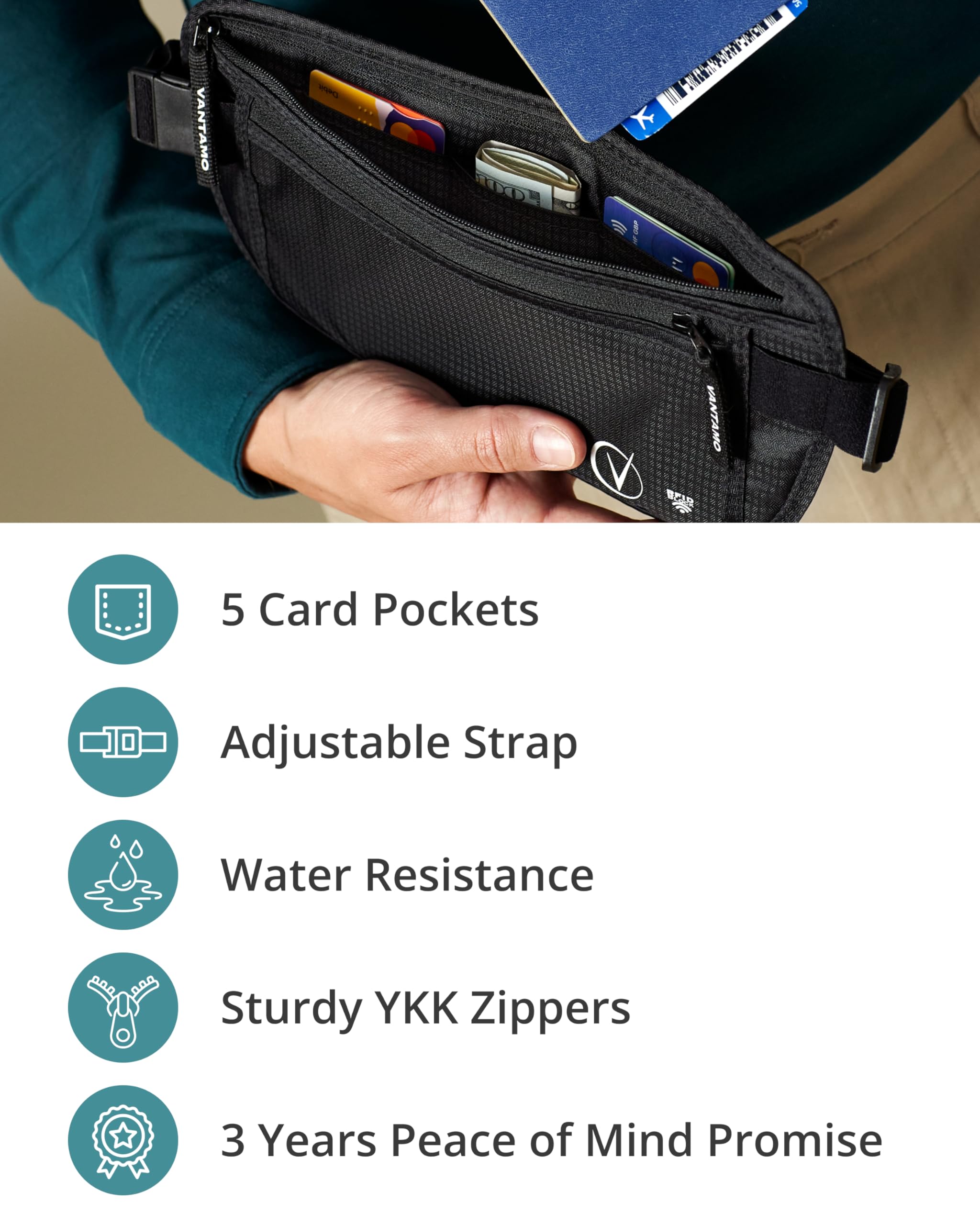 Vantamo Marsupio Uomo & Donna Ultrapiatto con protezione RFID, Marsupio Antiscippo con Cintura Regolabile, Ideale per Corsa e Escursioni e Viaggi, Leggero Cintura Portasoldi Sicuro