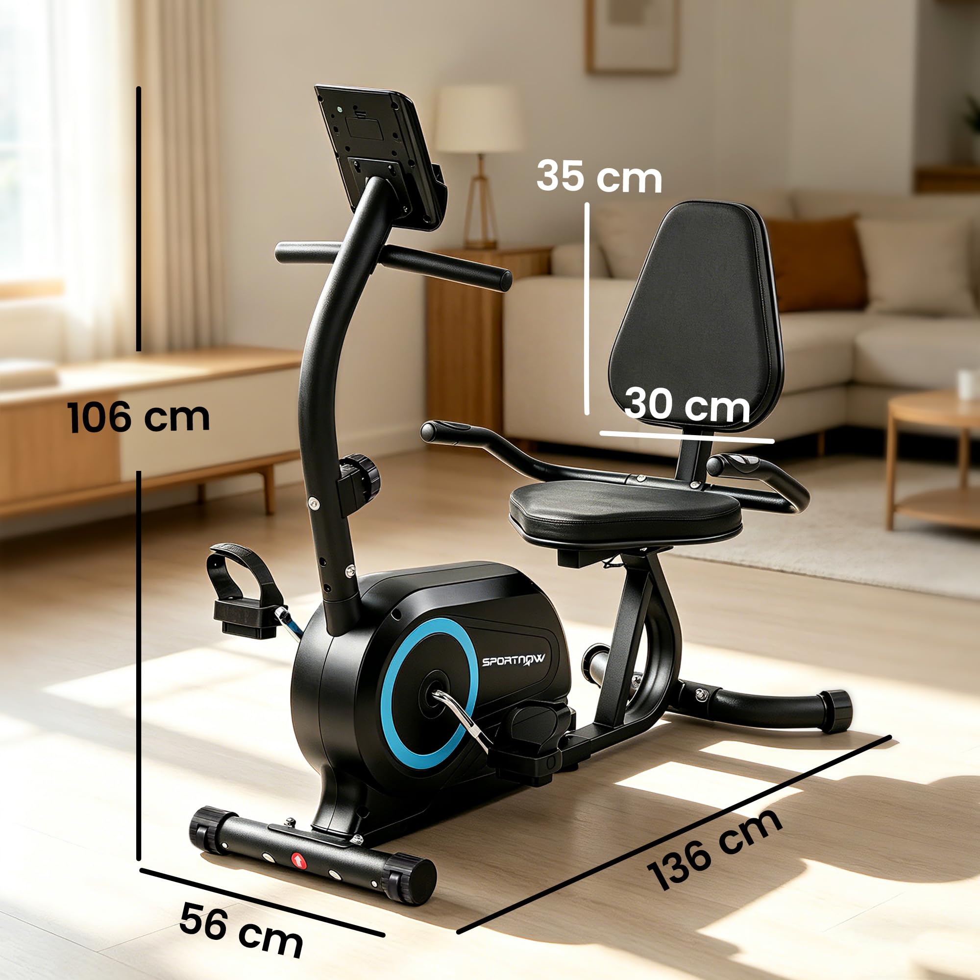 SPORTNOW Cyclette da Casa Orizzontale con 8 Livelli di Resistenza Magnetica, Cyclette Recumbent con Bluetooth App, Schermo LCD, Frequenza Cardiaca, Sedile Regolabile, Ruote, Allenamento Casa Anziani