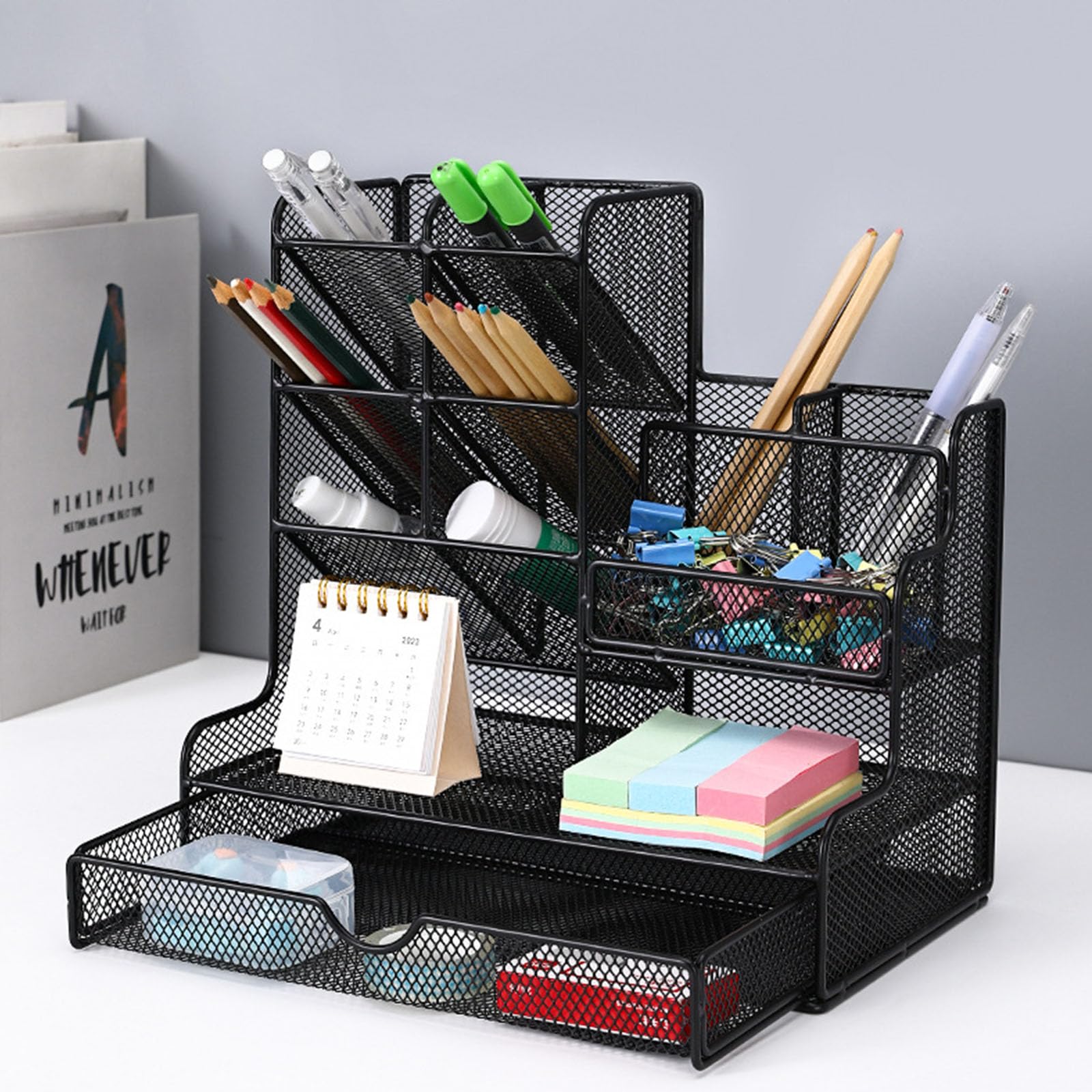 Portapenne con grande capacità e cassetto, portapenne multifunzionale, organizer da scrivania per pennarelli, organizer per cancelleria