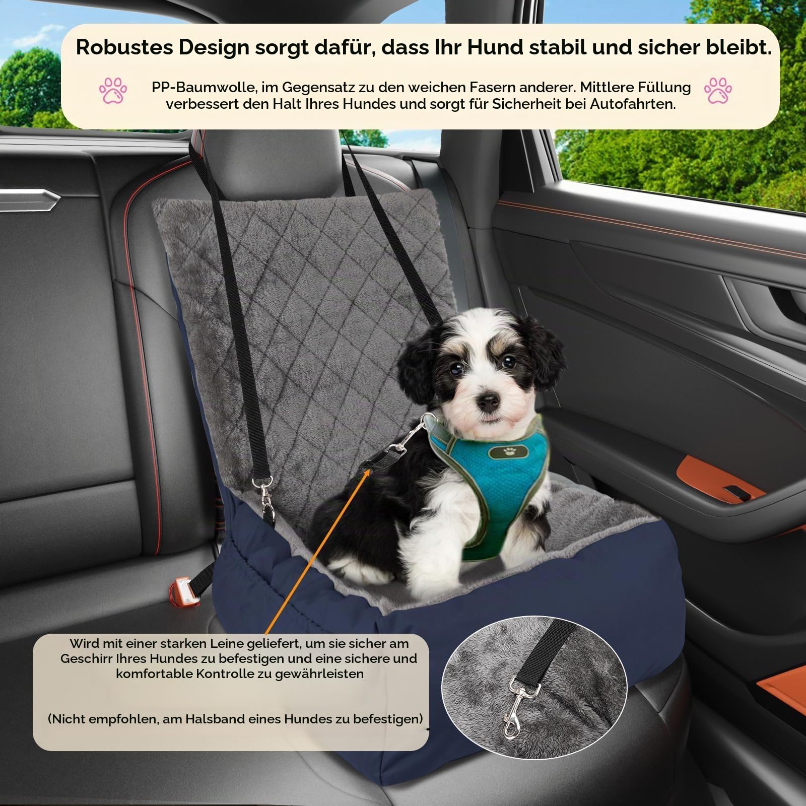 Hunde Autositz für Kleine Hunde, Hundesitz Auto mit rutschfeste Unterseite, Aufbewahrungstasche und Anschnallgurt, geeignet für Rück- und Vordersitz (Blau)