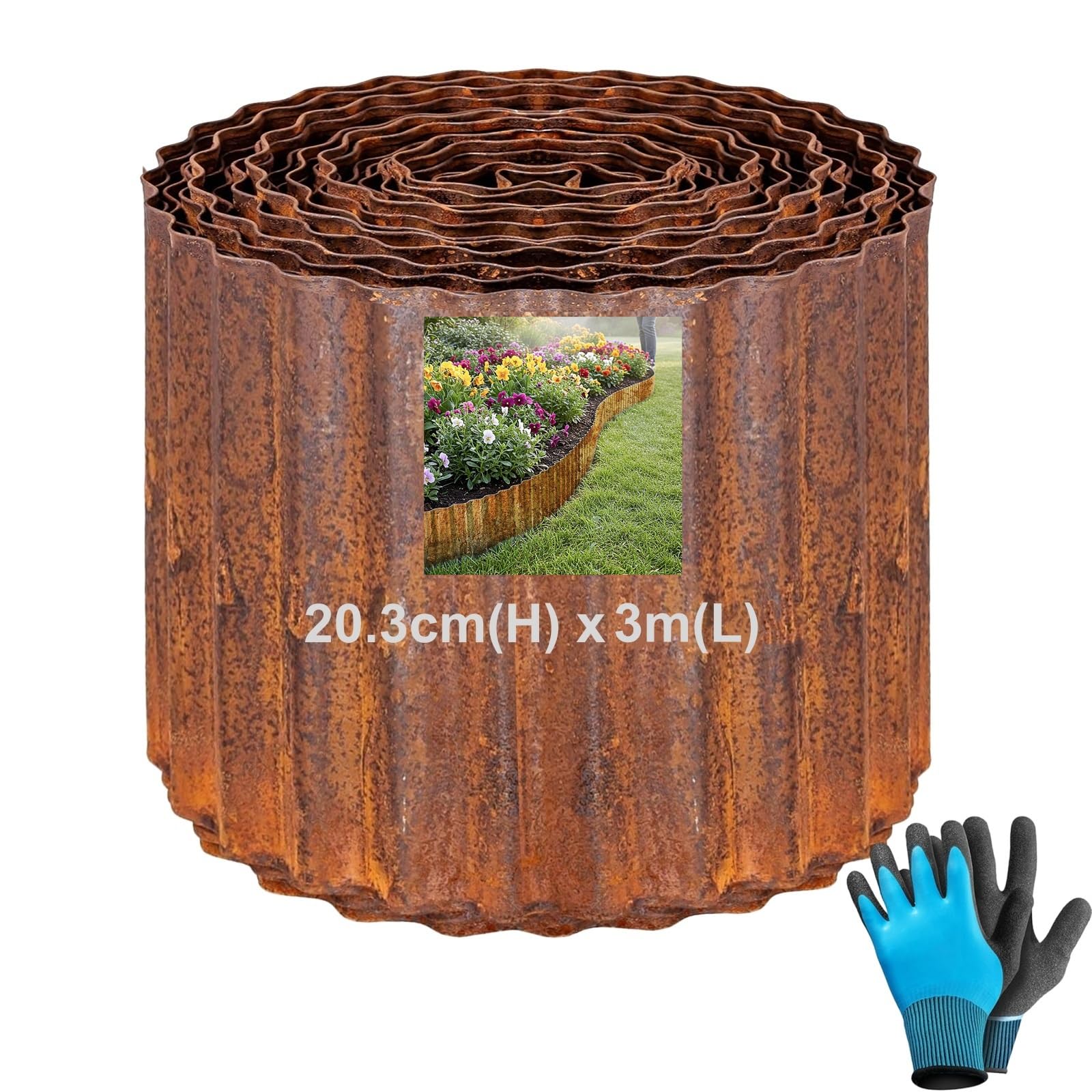 Krawędź trawnika ze stali corten, 3,0 m, metalowa krawędź trawnika, wysokość 20,3 cm, obramowanie grządek z kratką, łatwy montaż, krawędź łóżka z kratką do grządek, ścieżek ogrodowych