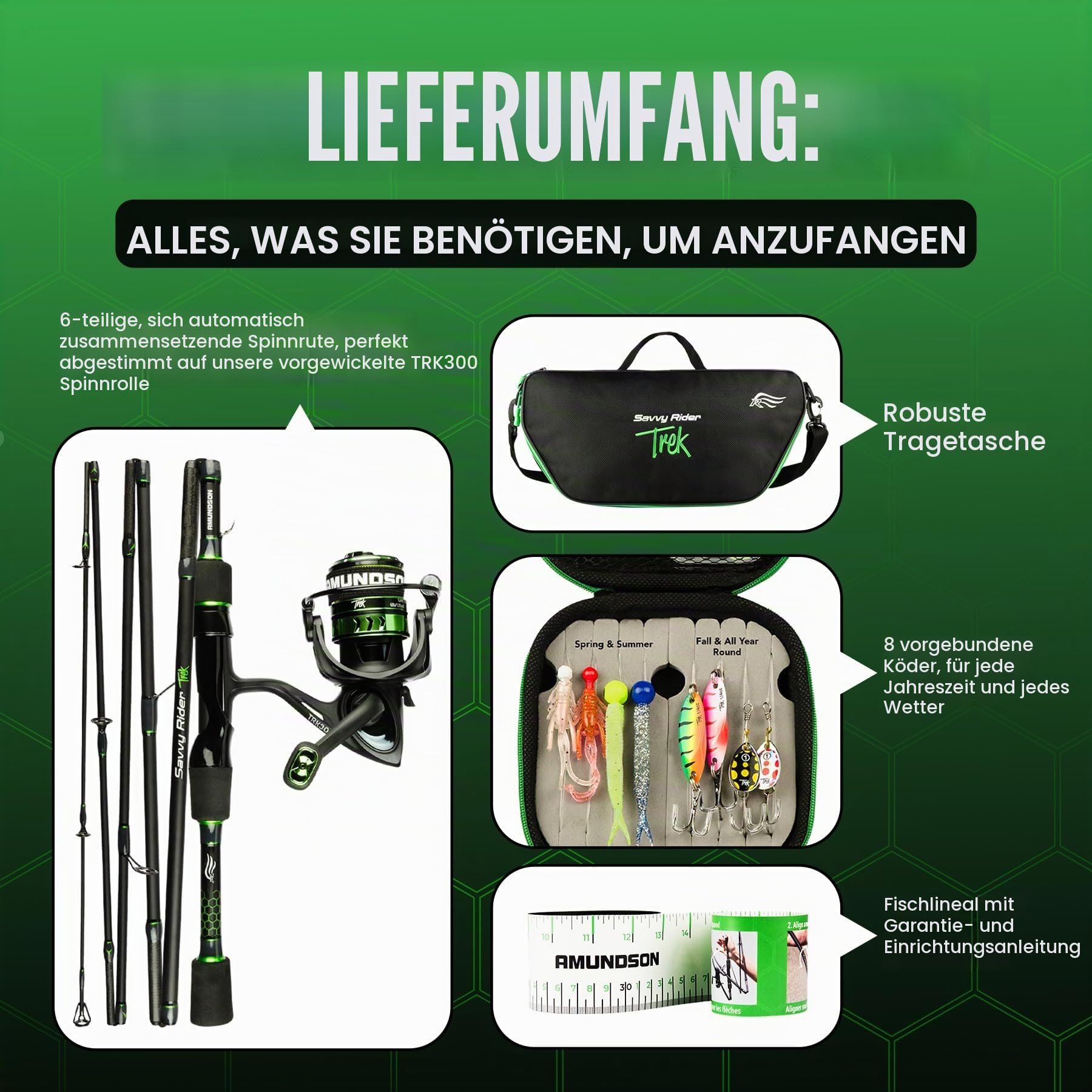 Amundson - Trek Angelrute & Rolle - IM6 Graphit Carbon Rute - Angelset für Camping, Wandern & Kajak - für Süß- und Salzwasser & alle Jahreszeiten geeignet - Für Anfänger & Angler