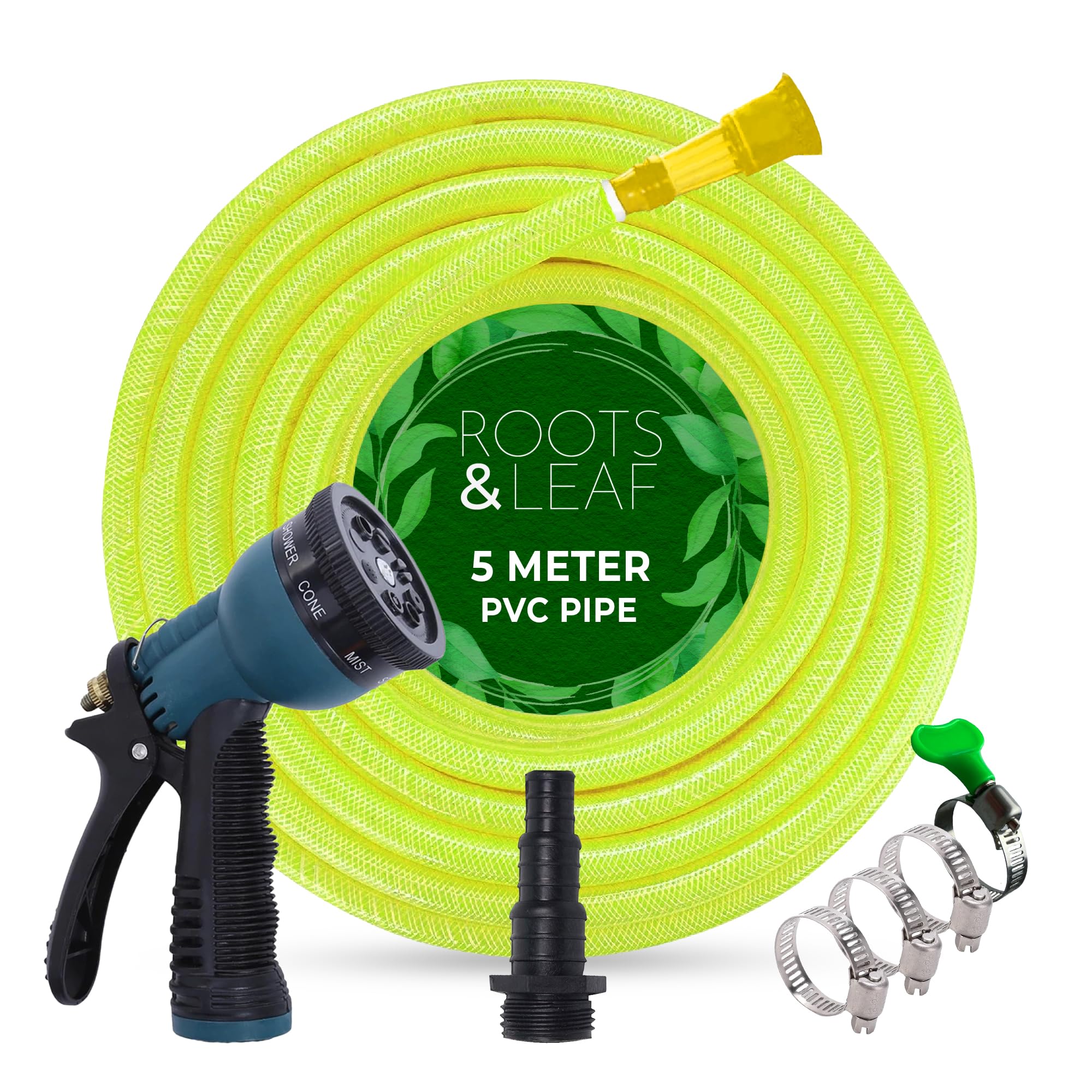 Roots and Leaf 5M 0.5 Inch Braided PVC Garden Hose Pipe with 8 Pattern Spray Gun with 4 Clamps and tap Adaptor - Yellow | Heavy Duty Water Pipe for Garden, Car Washing, Garden Pipe for Home