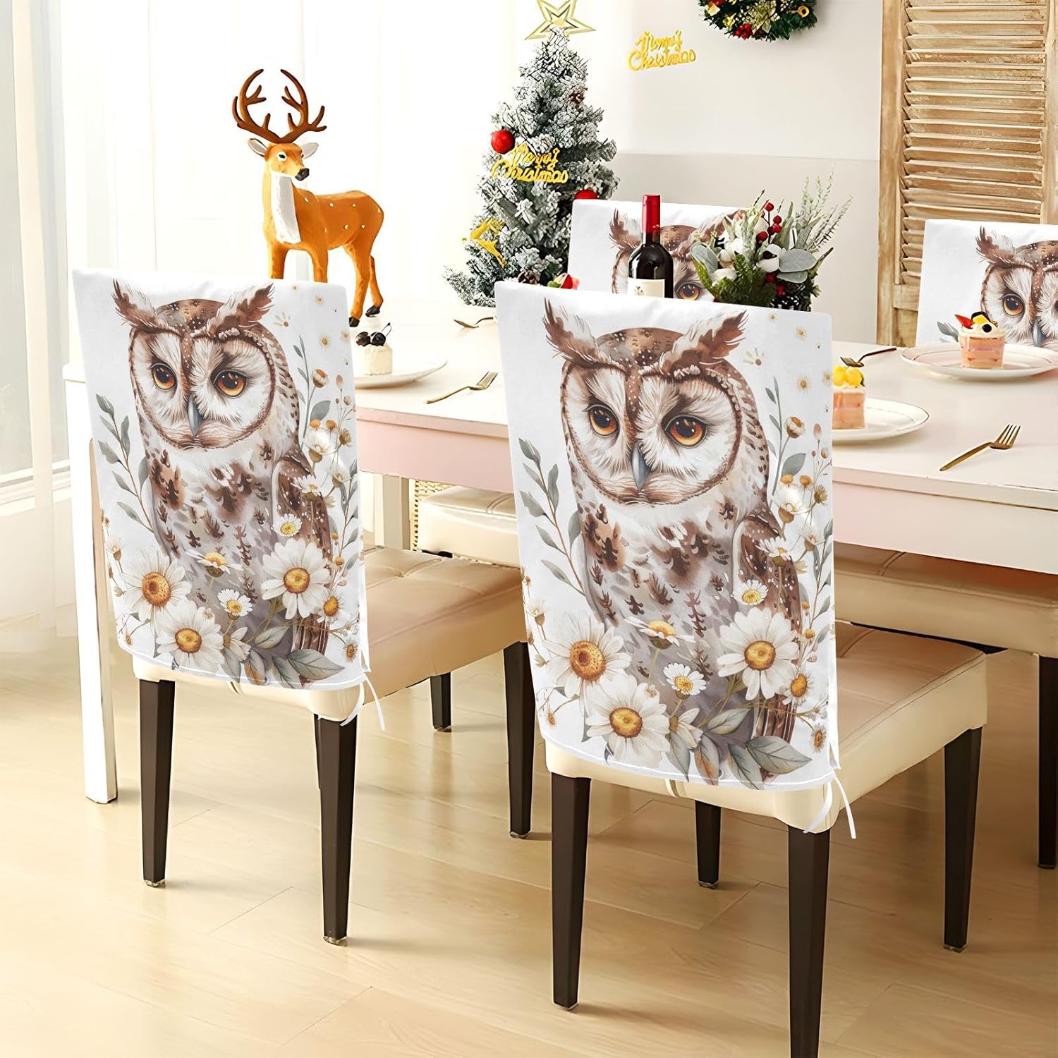 ALAZA Boho Owl and Daisy Flowers Chair Back Cover Set of 6, Washable Reusable Removable Chair Slipcovers Decorative Chair Cover for Home Kitchen Wedding Party