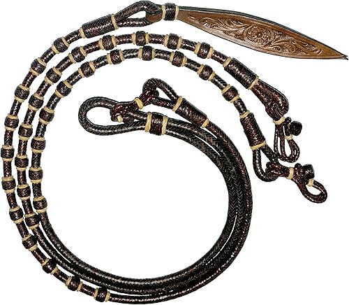 CastañoBorgoñaGranate Raw Hide Cuerda hecha a mano Nudos a juego Cuero Crudo Caballo Trenzado a Mano Romel Ranch CuerdaCuerda Reins-8.5 pies, 52