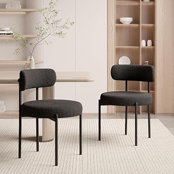 Hawthyhome Dining Room Chairs Set of 2 Teddy Fabric Round Boucle Chairs Mid-Century Upholstered Kitchen Chairs Dining Chairs with Metal Legs Black