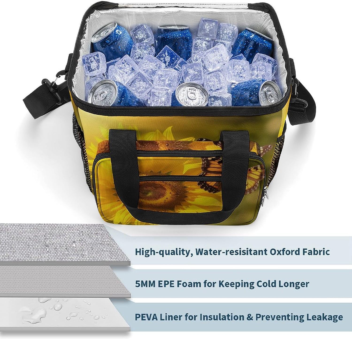 Large-Capacity Oxford Cloth Sunflower Butterfly Sunny Printed Camping Ice Bag, Outdoor Portable Insulation and Cold Storage Bag, Enjoy A Cool Camping Time