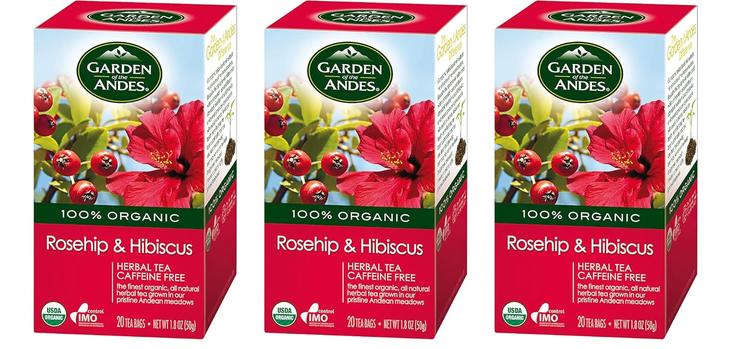 Garden of the Andes Herbal Organic Decaf Rosehip and Hibiscus Hot Tea Bags, 0.9 oz, 20 Count, (Pack of 3)