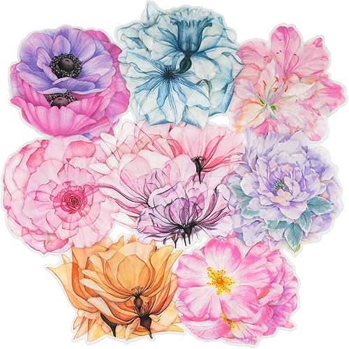 LakoArt Juego de 80 calcomanías de flores transparentes impermeables de gran tamaño, calcomanías decorativas de vinilo transparente floral para